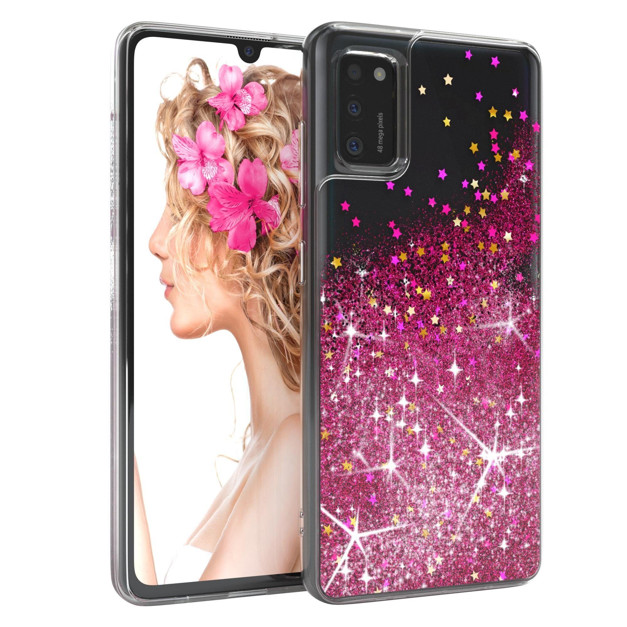 EAZY CASE Handyhülle Liquid Glittery Case für Samsung Galaxy A41 6,1 Zoll,  Glitzerhülle Shiny Slimcover stoßfest Durchsichtig Bumper Case Pink
