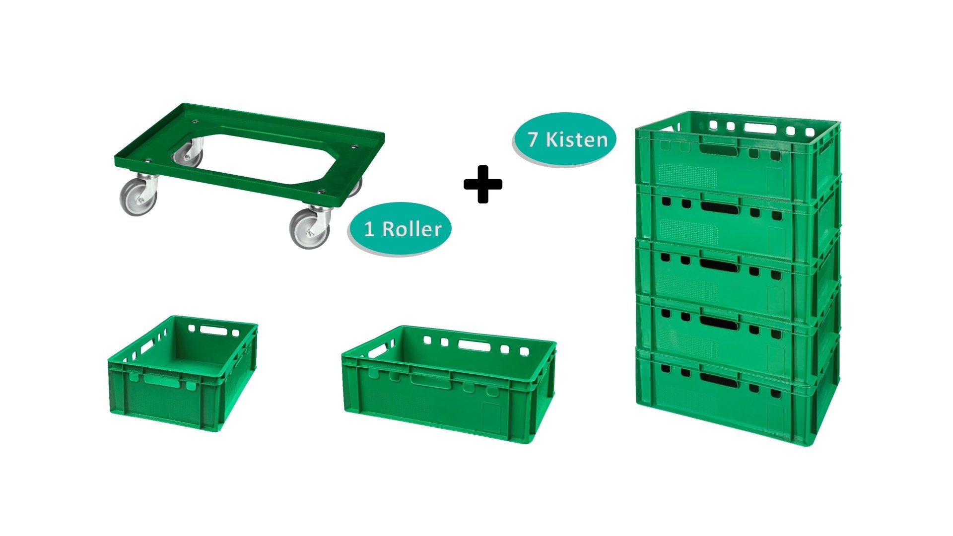 Logiplast Transportbehälter 7 E2 Kisten Grün mit einem Transportrollen Grün, (Spar-Set, 7 Stück), lebensmittelecht, stapelbar, einfach zu reinigen