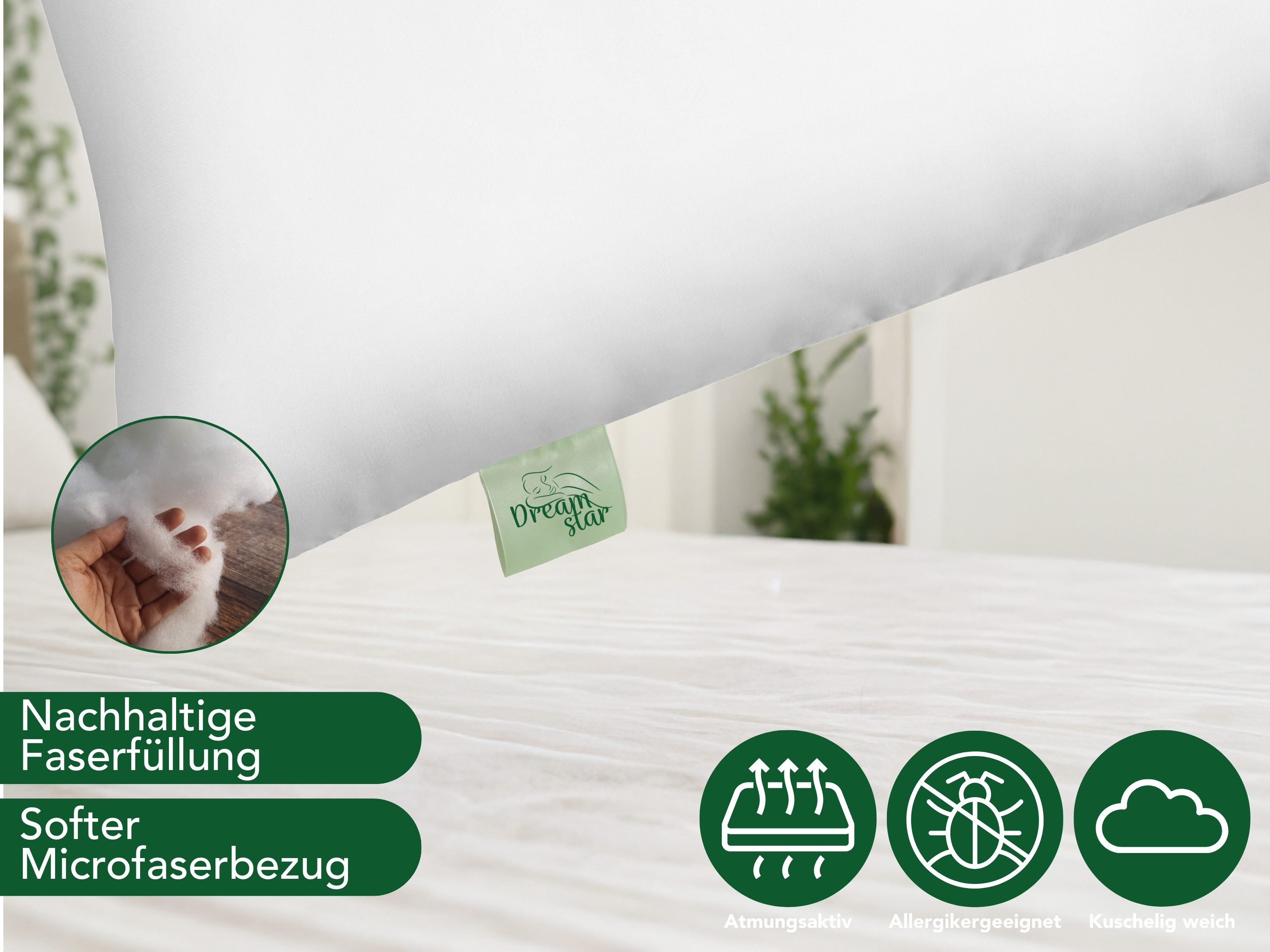 Dreamstar Microfaserbettdecke + Kopfkissen Bettdecke 135x200 oder 155x220 cm mit Kissen 40x80 oder 80x80 cm, Füllung: Faserfüllung, Bezug: Microfaser, Bettwaren-Set, 4 Jahreszeiten-Bettdecke & Kissen, weich & atmungsaktiv