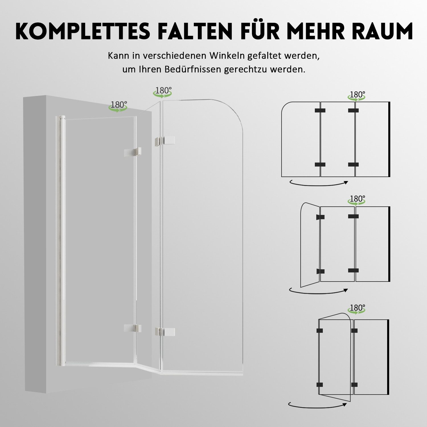 Hopibath Duschwand für Badewanne Weiß Badewannenaufsatz Glas 6mm beideseitig Nano, 6mm Sicherheitsglas, (Badewannenfaltwand, 3 teilig faltbar), 140x140, 130x140, 120x140cm