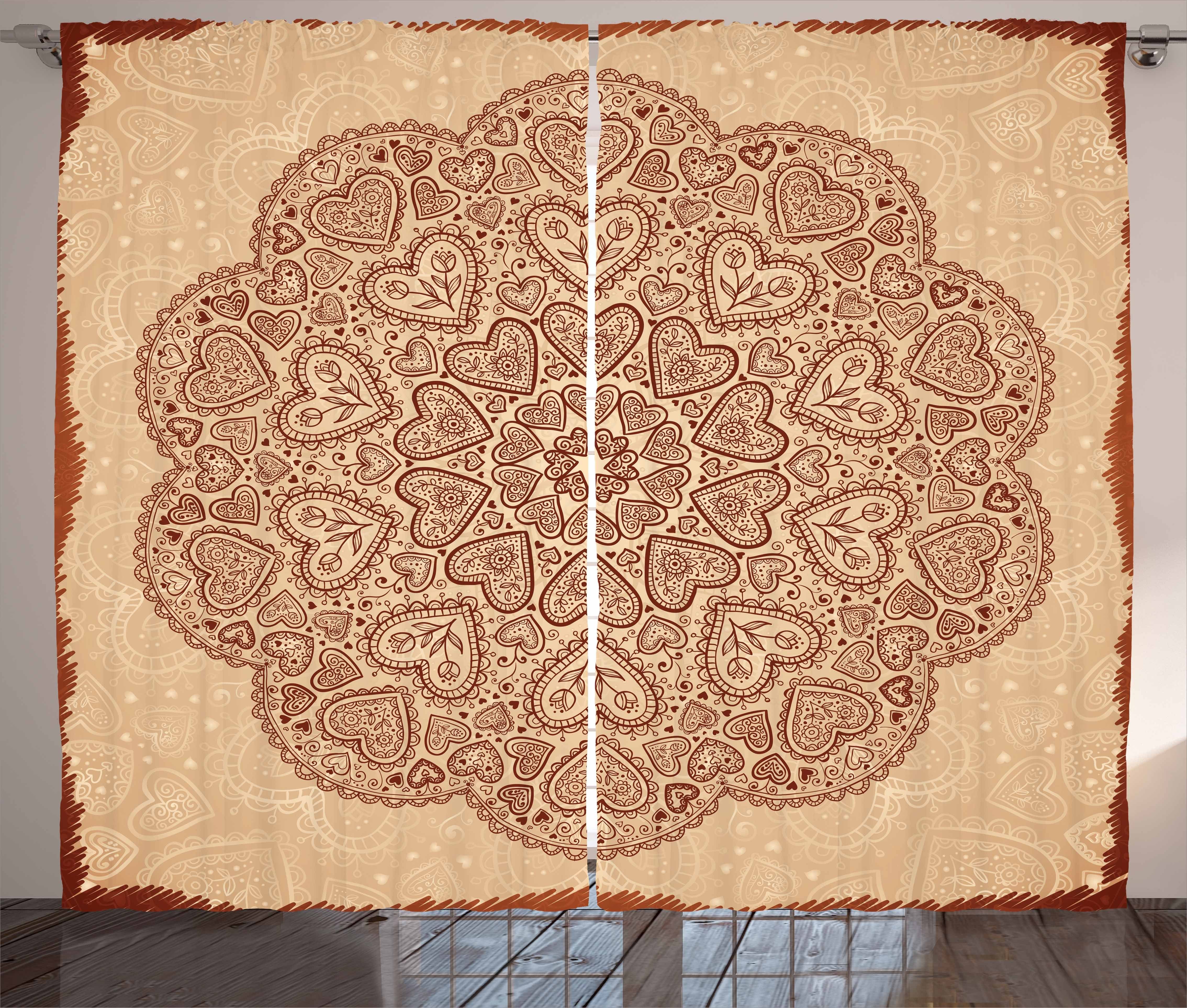 Gardine Schlafzimmer Kräuselband Vorhang mit Schlaufen und Haken, Abakuhaus, Brown Mandala Circular Herzen | Fertiggardinen