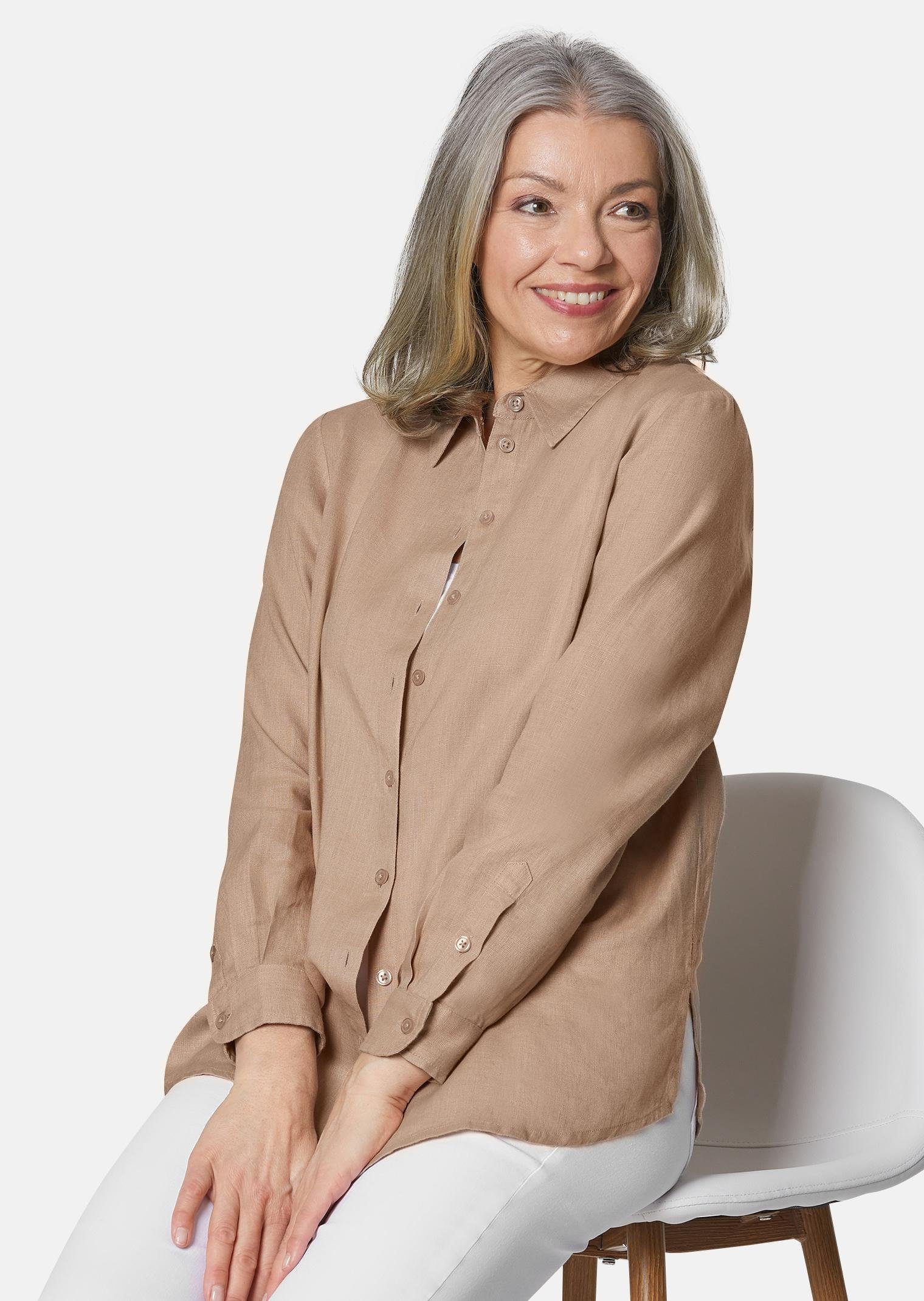 GOLDNER Langarmbluse Bequeme Damen Businessbluse Leichte Bluse aus reinem Leinen in Hemdblusenform