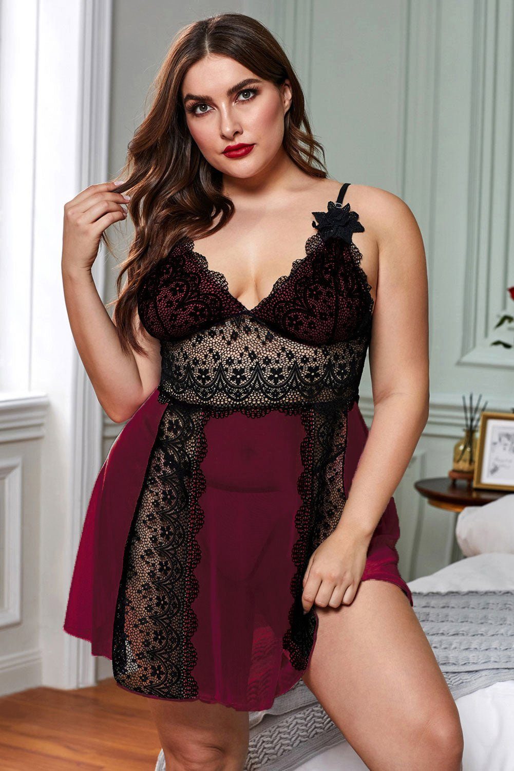 Organza Lingerie Negligé (Negligé + String) Plus Size mit toller Passform und Spitzendetails, Dessous große Größen