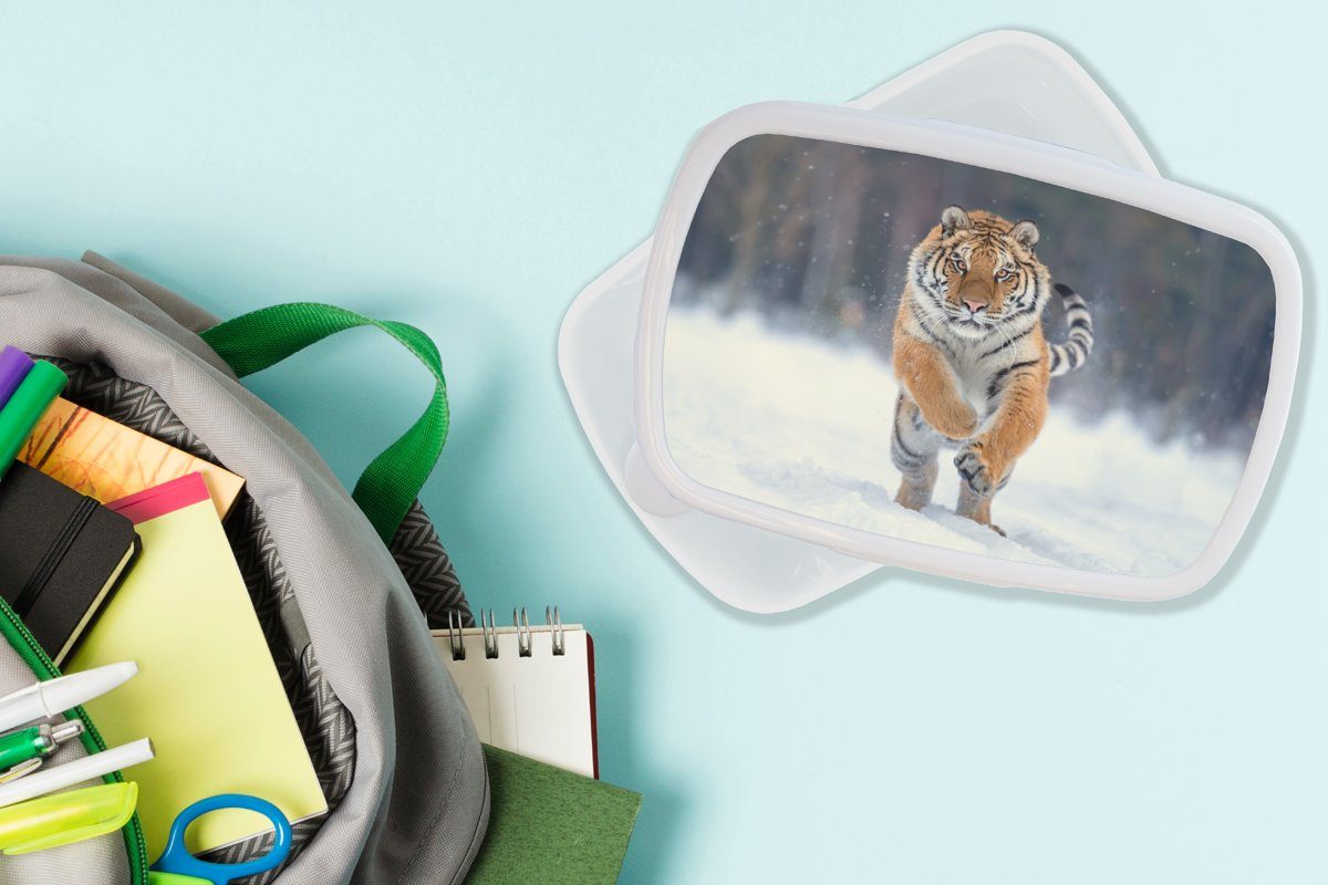 MuchoWow Lunchbox Tiger - - Kinder Tiere, Brotdose, und Landschaft und Brotbox (2-tlg), Erwachsene, Jungs für - Schnee weiß für Kunststoff, Mädchen