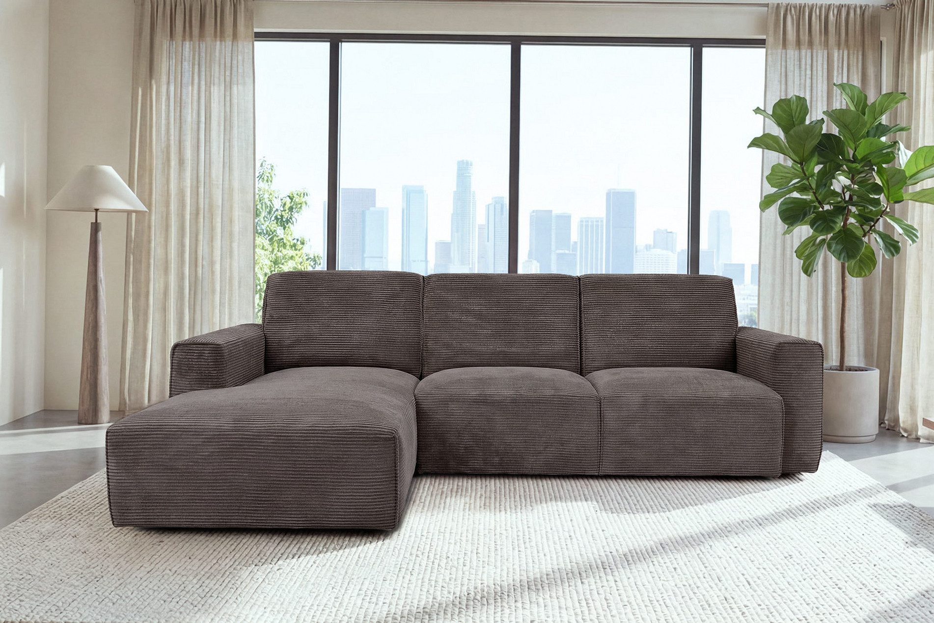Hygger Möbelhaus Ecksofa Rio Ecksofa L-Form Cord XXL Big Sofa Wohnzimmer Modern, Wellenunterfederung, Cordstoff 90000 Scheuertouren, Made in Europe, Polsterecke L Form inkl. Ottomane Couch Groß Bequem Design