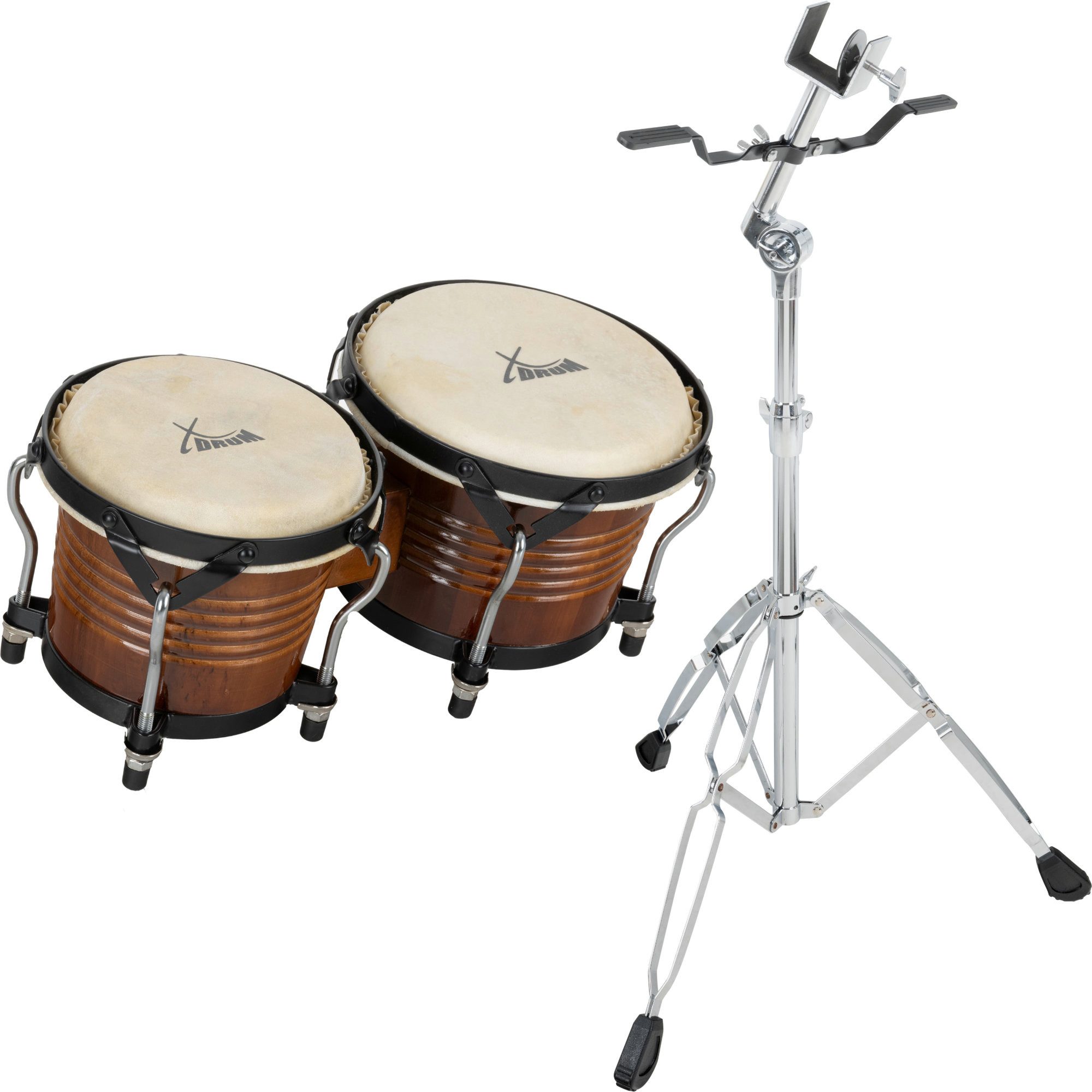 XDrum Bongo Pro - 6,5" Macho und 7,5" Hembra,Spar-Set, inkl. Ständer, mit stimmbaren Naturfellen - Holz: Birke