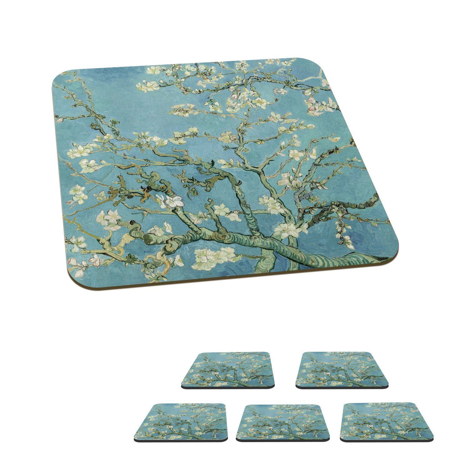 MuchoWow Glasuntersetzer Van Gogh - Mandelblüte - Alte Meister - Kunst - Vintage, Zubehör für Gläser, 6-tlg., Glasuntersetzer, Tischuntersetzer, Korkuntersetzer, Untersetzer, Tasse