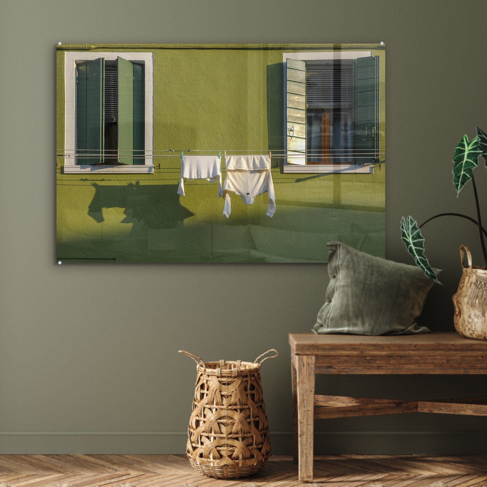 Wand, St), (1 Wohnzimmer an Acrylglasbild Schlafzimmer Acrylglasbilder mit Wäscheleine der MuchoWow & Grüne Fensterläden