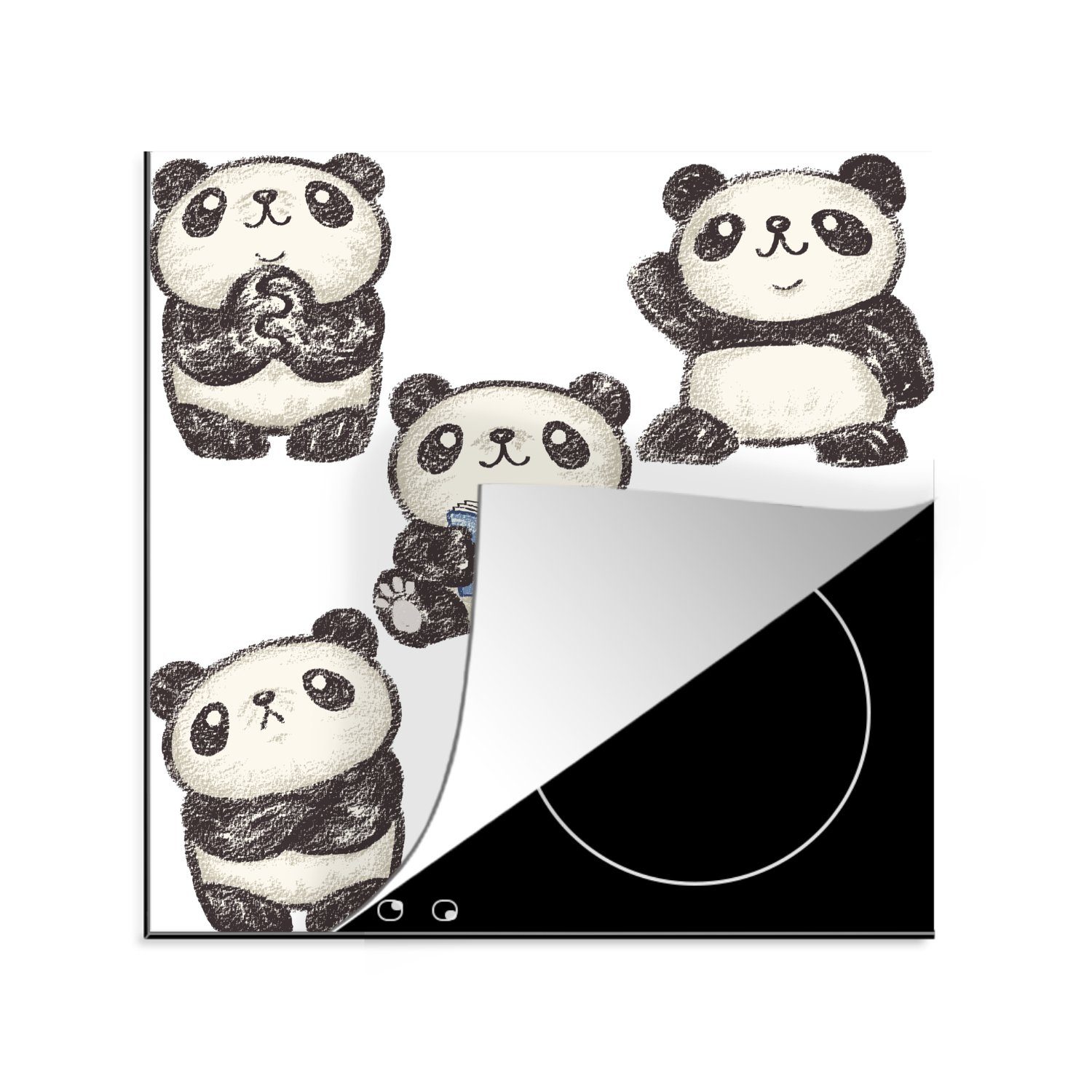 MuchoWow Herdblende-/Abdeckplatte Panda - Buch - Schwarz - Weiß, Vinyl, (1 tlg), 78x78 cm, Ceranfeldabdeckung, Arbeitsplatte für küche