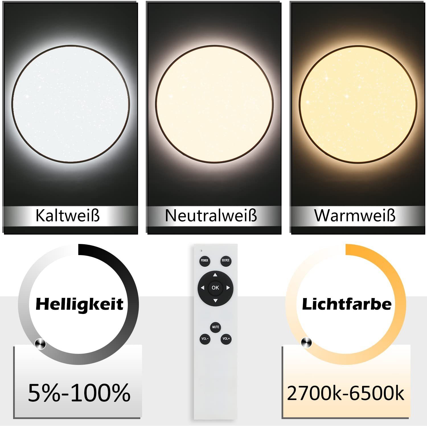 Farbtemperatur LED Holzoptik Nettlife Dimmbar, Deckenleuchte 3 Deckenleuchte
