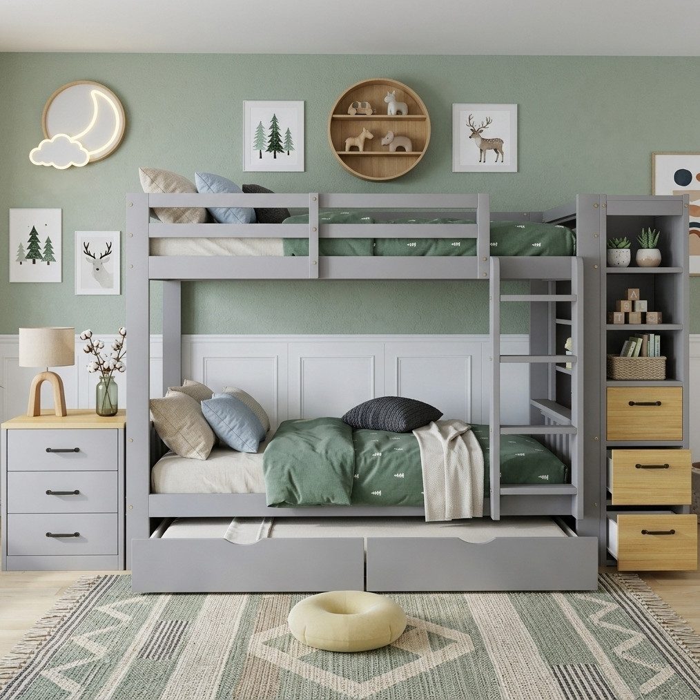 REDOM Etagenbett Kinderbett mit integriertem Stauraum, zwei Bettboxen, Stauraumbett (Holzbett 90x200 cm, mit Ablageregal, Schubladen und mobiler Nachttisch, Funktionsbett Jugendbett), ohne Matratze