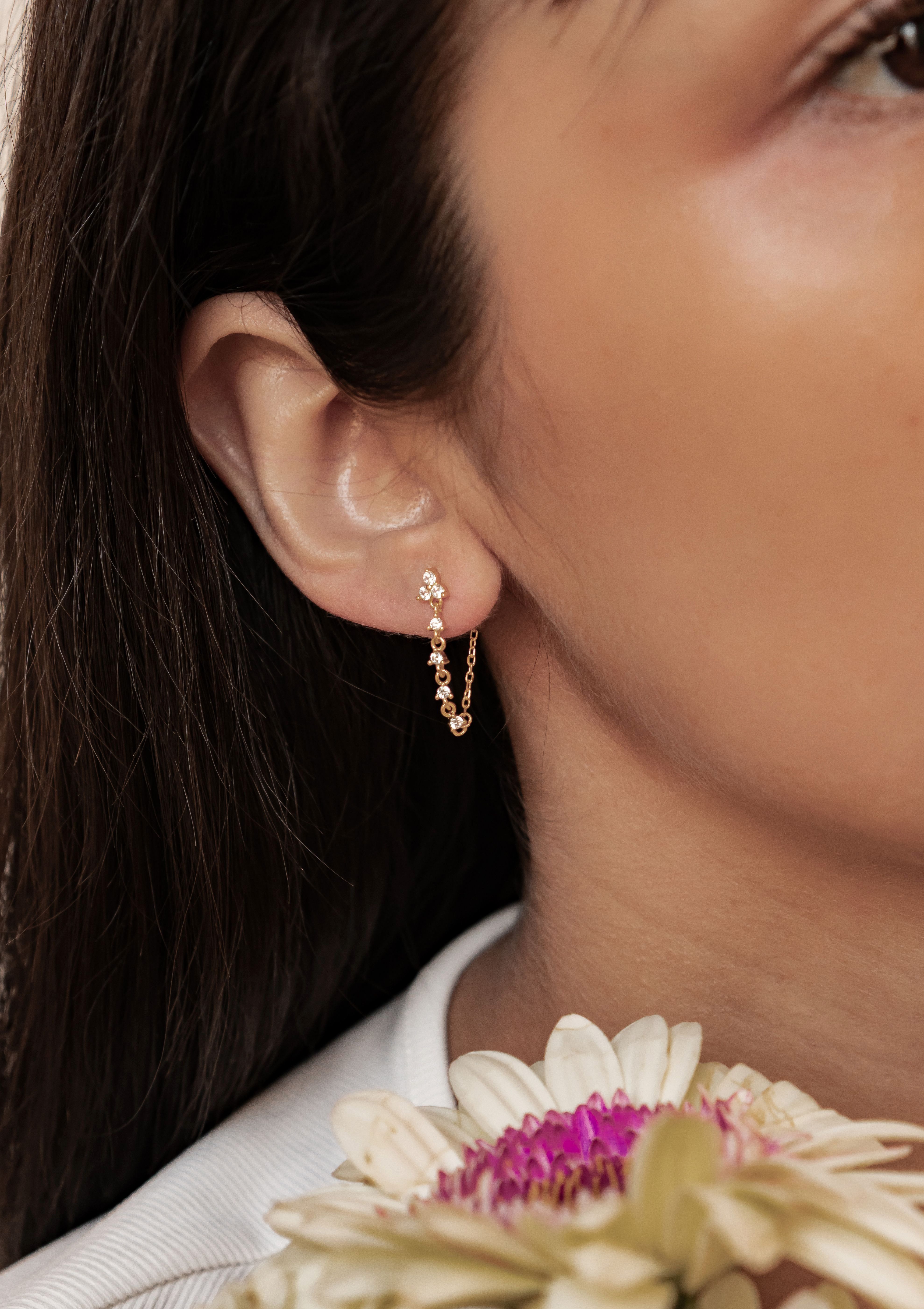 Hey Happiness Paar Ohrhänger Dreiblatt Ohrstecker mit Kette und Zirkonia, Edle 925 Silber Ohrringe Damen, Gold & Roségold