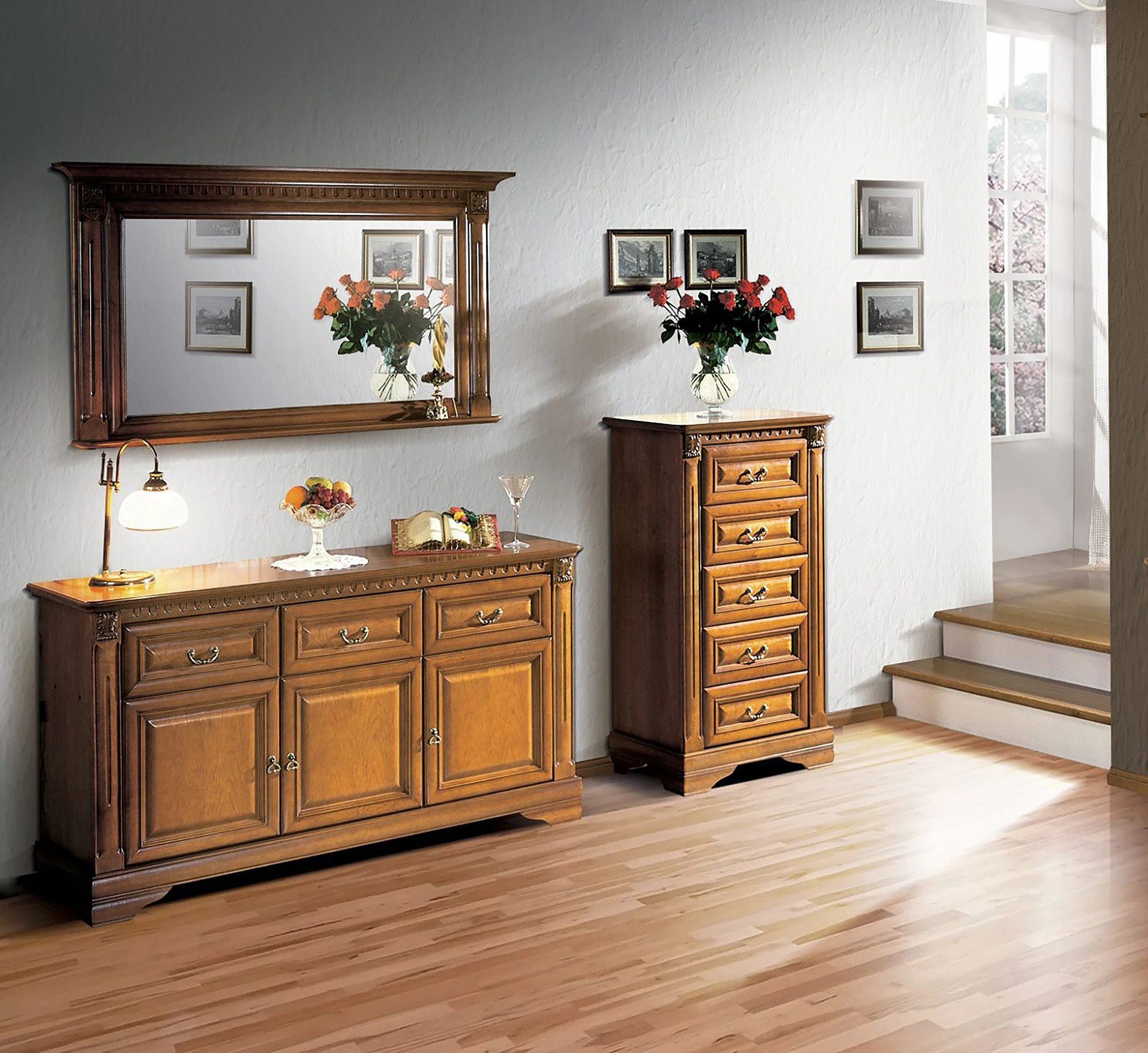 JVmoebel Wohnzimmer-Set Holz Kommode mit Spiegel im klassischen 3-teiligem Set in Braun, Made in Europa