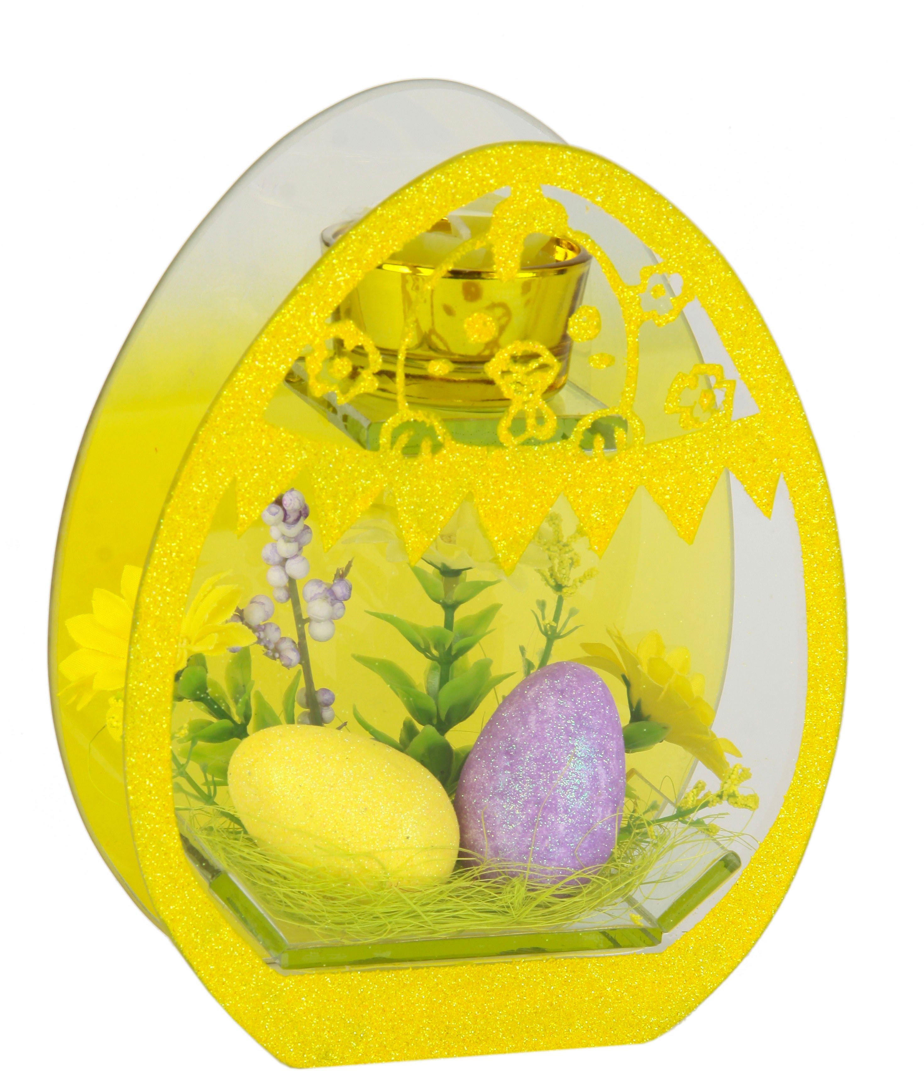 I.GE.A. Teelichthalter Dekoriert, Mit Oster-Eier 2er Set Kunstblumen Glaseinsatz Kerzen Osterdeko 3D