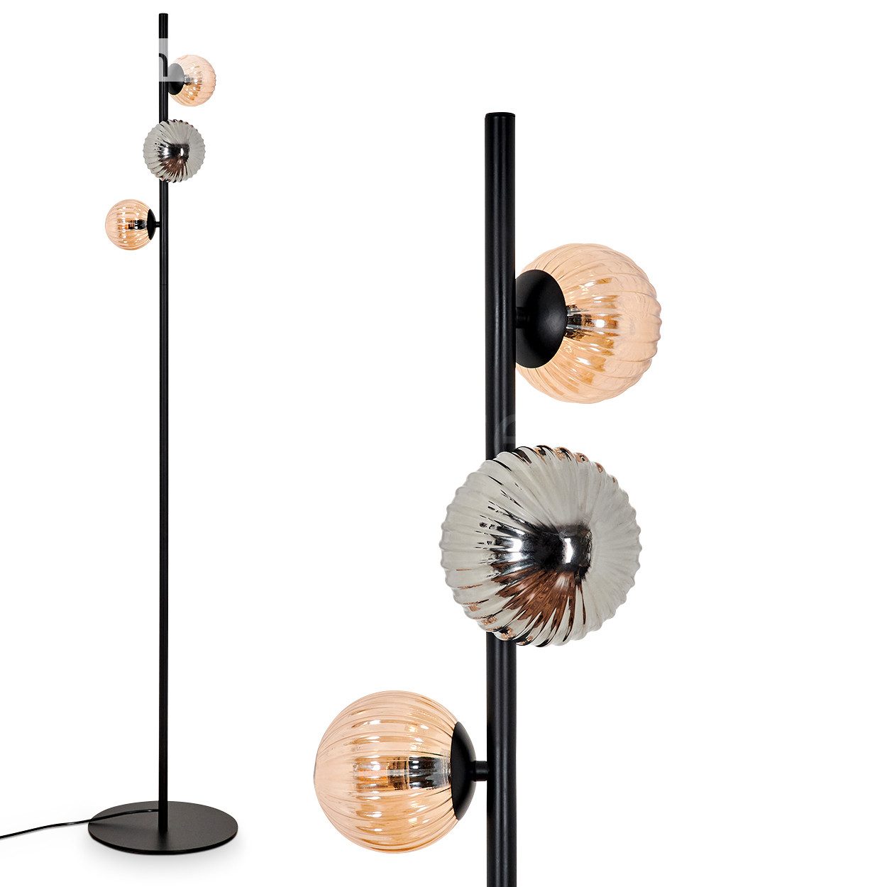 Stehlampe Stehlampe aus Metall/Riffelglas in Schwarz/Rauch/Bernstein