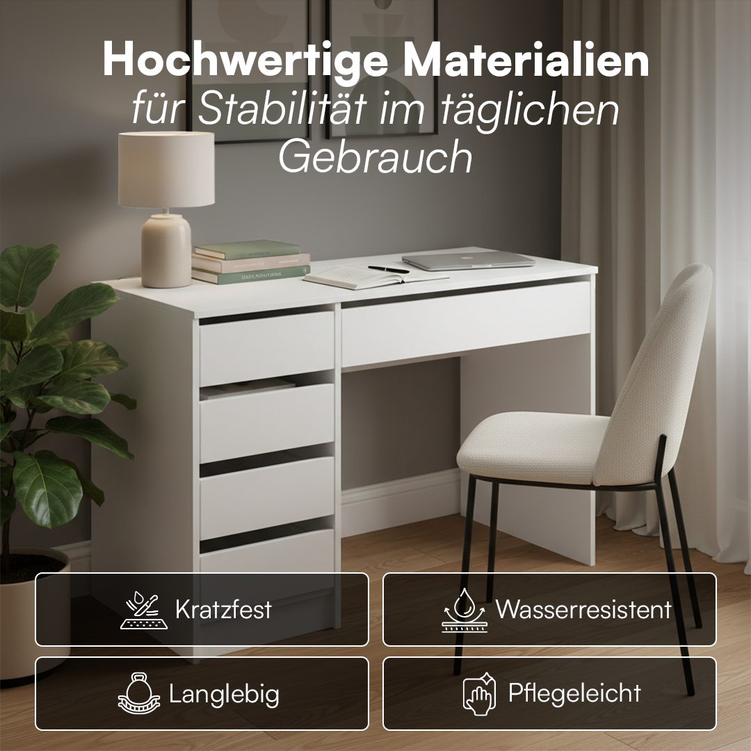 Bellamio Schreibtisch Nore mit Schubladen (weiß, beidseitig montierbar, 110 cm breit), verfügbar mit 5 oder 9 Schubladen