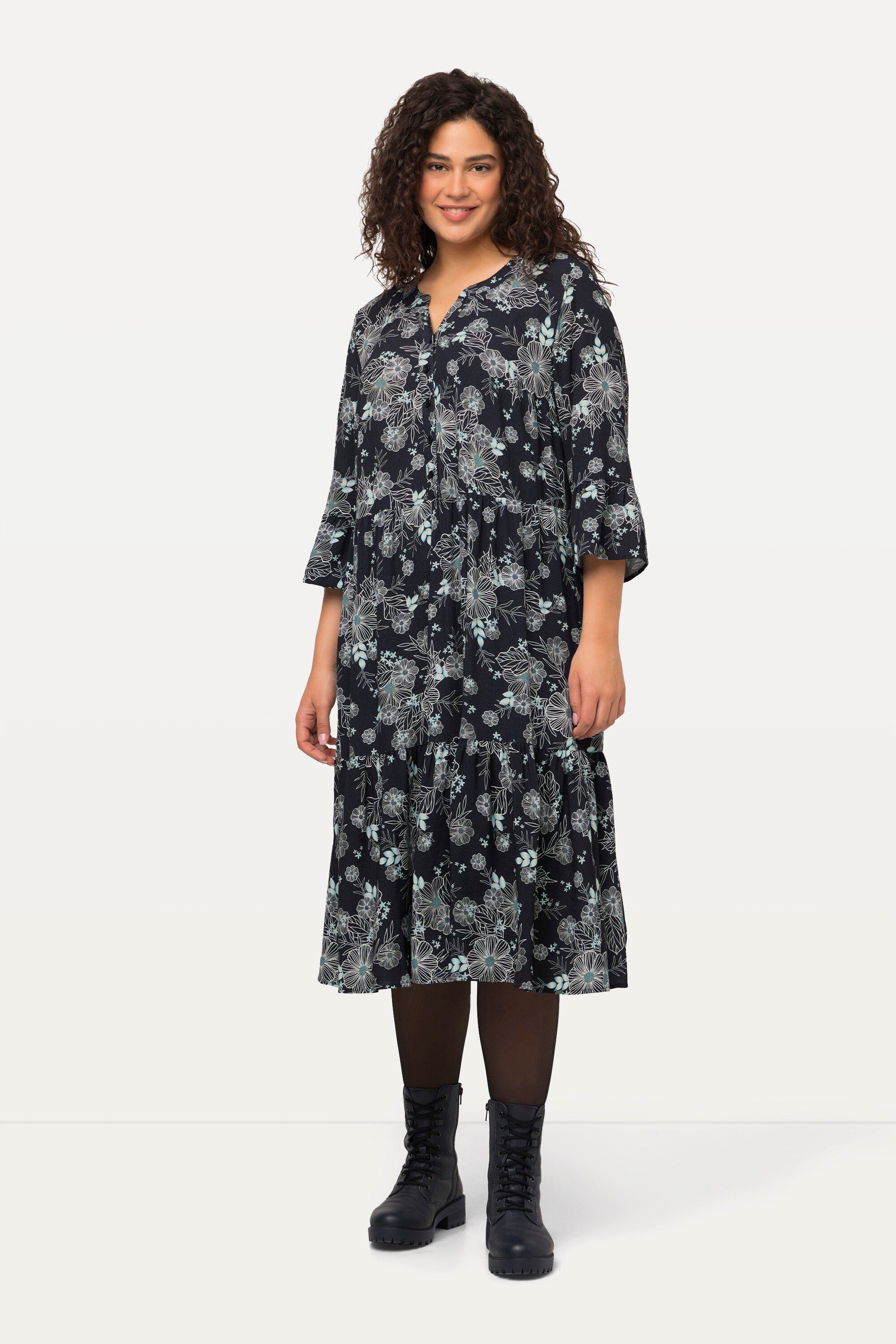 Midikleid Midikleid Volants A-Linie Tunika-Ausschnitt