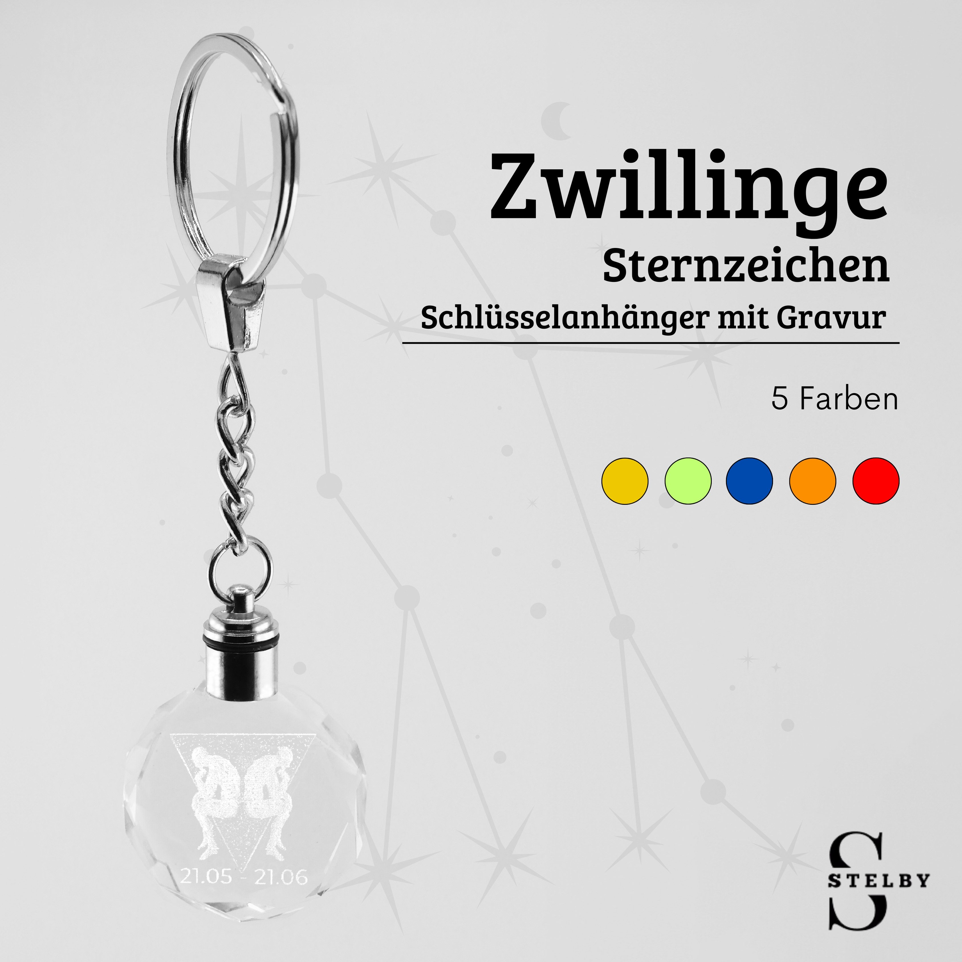 Stelby Schlüsselanhänger Zwillinge Sternzeichen Schlüsselanhänger Multicolor Geschenkbox (Perfekt für Geburtstage und Weihnachten, Robustes Glasmaterial, leuchtet in 5 Farben), Farbwechsel, langlebig, modernes Design