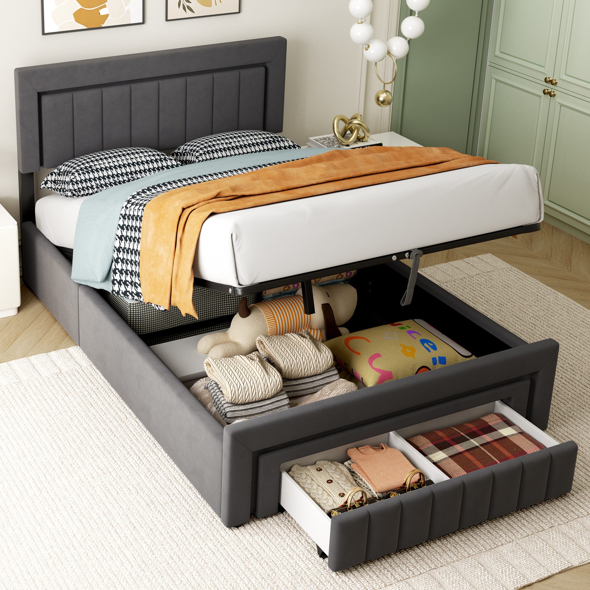 HAUSS SPOLE Polsterbett als Einzelbett und Doppelbett erhältlich,Stauraumbett mit Schubladen (140×200 Doppelbett Boxspringbett Jugendbett mit Stauraum und Lattenrostkonstruktion), Funktionbett mit Lattenrostkonstruktion,mit Matratze