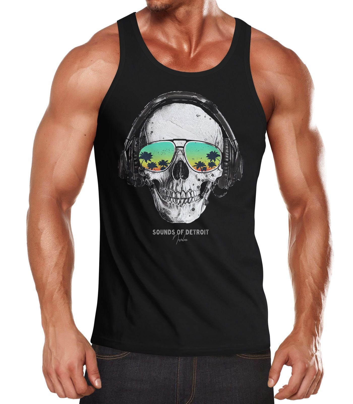Neverless Tanktop Herren Tank-Top Totenkopf Kopfhörer Musik Party Skull Sonnenbrille mit Print