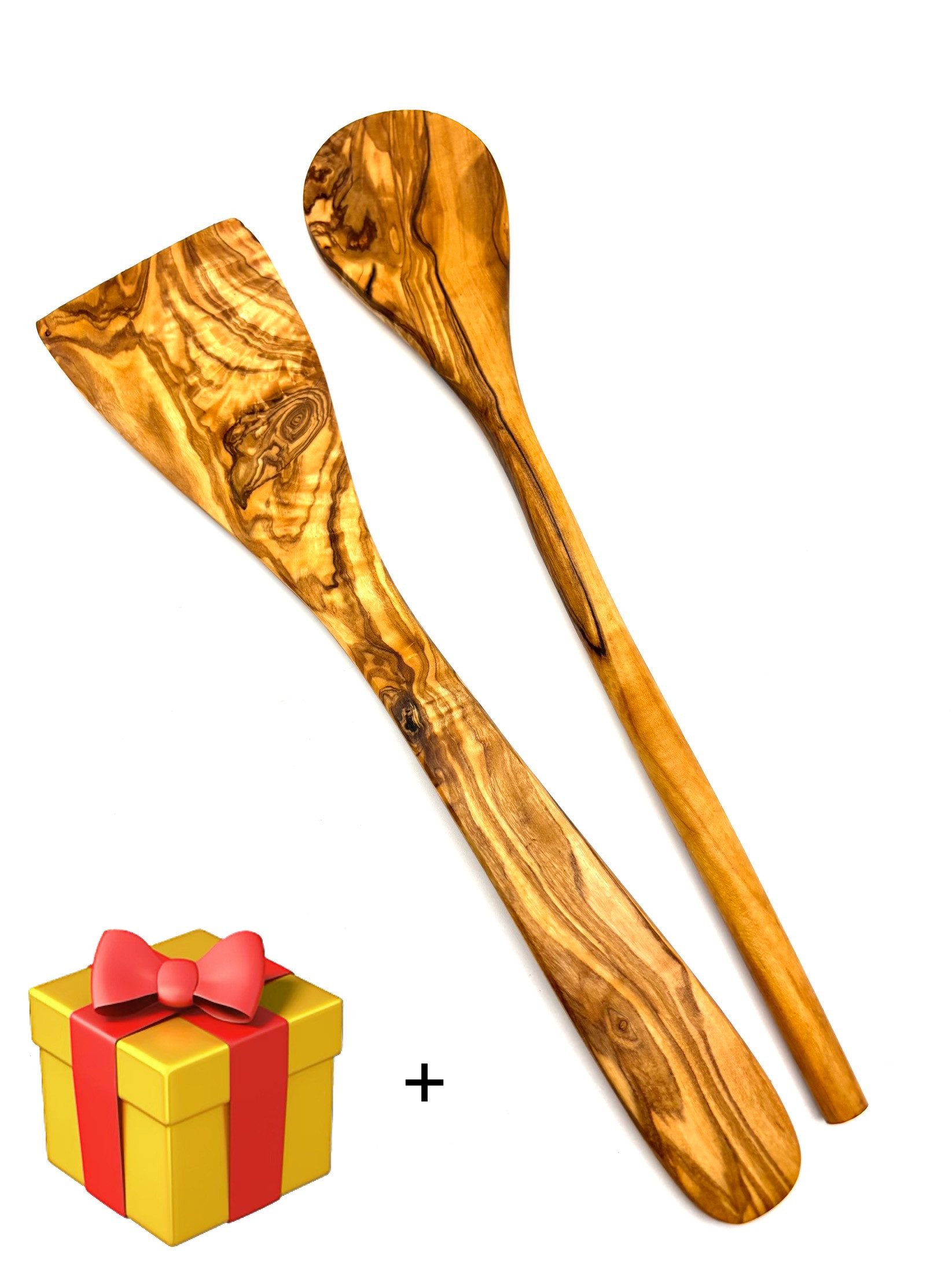 Olivenholz-erleben Kochlöffel 2tlg. Kochlöffel-Set (Kochlöffel rund, Pfannenwender ohne Löcher), Kochbesteck aus Olivenholz ist hitzebeständig und schonend zu Pfannen