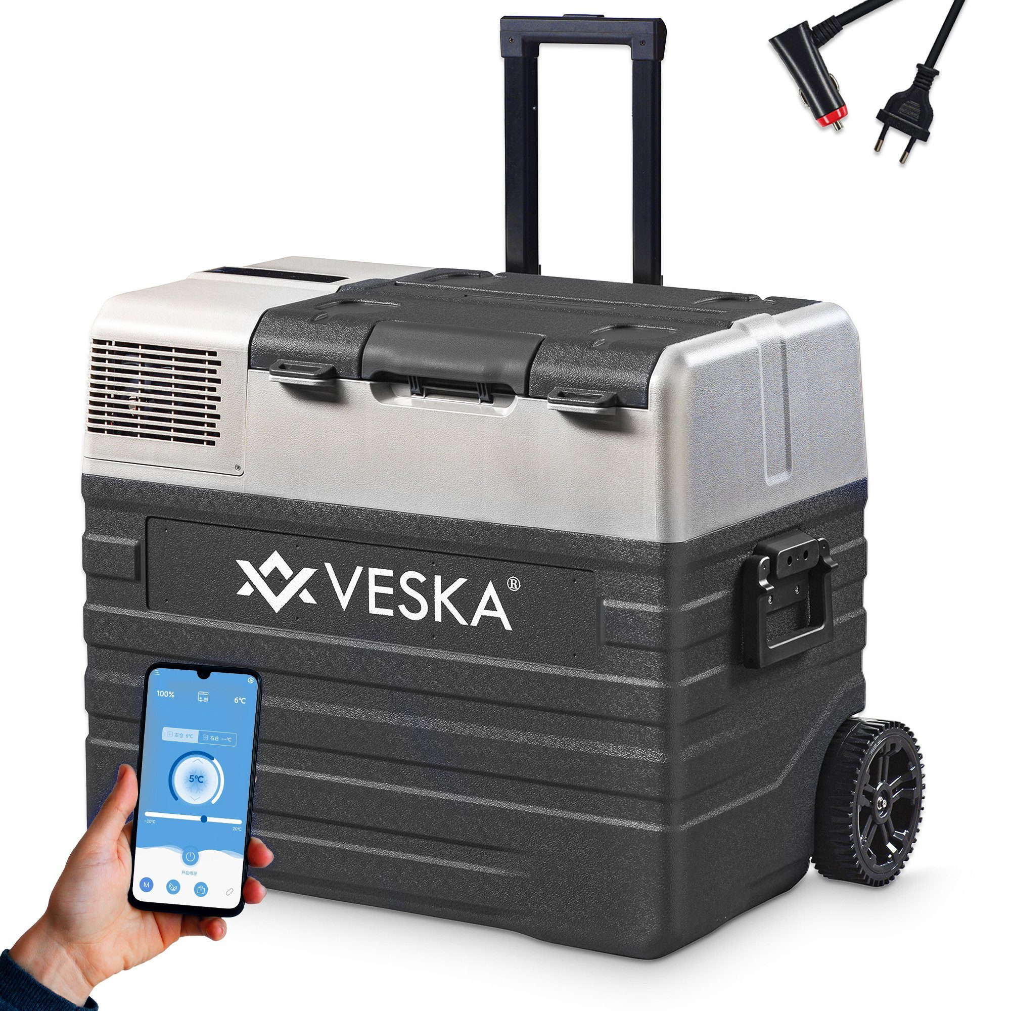 VESKA Elektrische Kühlbox Kompressor Gefriertruhe mobiler Kühlschrank, Kühltruhe, Gefrierbox, 12V/24V, 230V, für Auto, Lkw, Boot, Wohnwagen, Camping