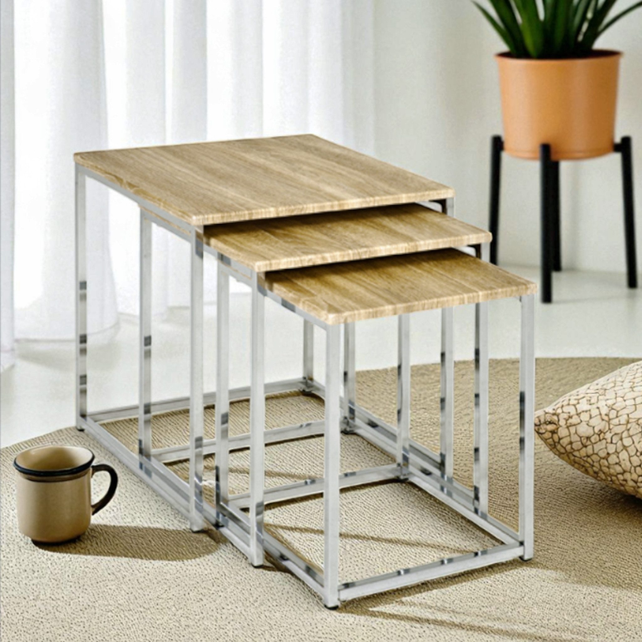 HAKU Satztisch (3-teilig) in chrom, eiche Dekor - 29x36x29 (BxHxT) (3-teilig, 3er Set)