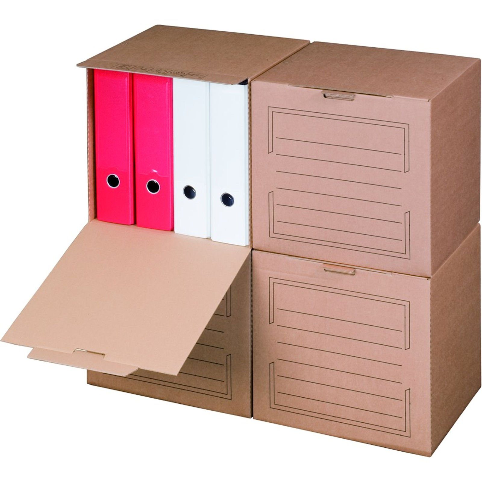Smartbox Pro Archivcontainer (Spar-Set, 5 St., 5er-Set), Frontklappe 297x334x330mm für 4 Ordner Archivkarton Braun