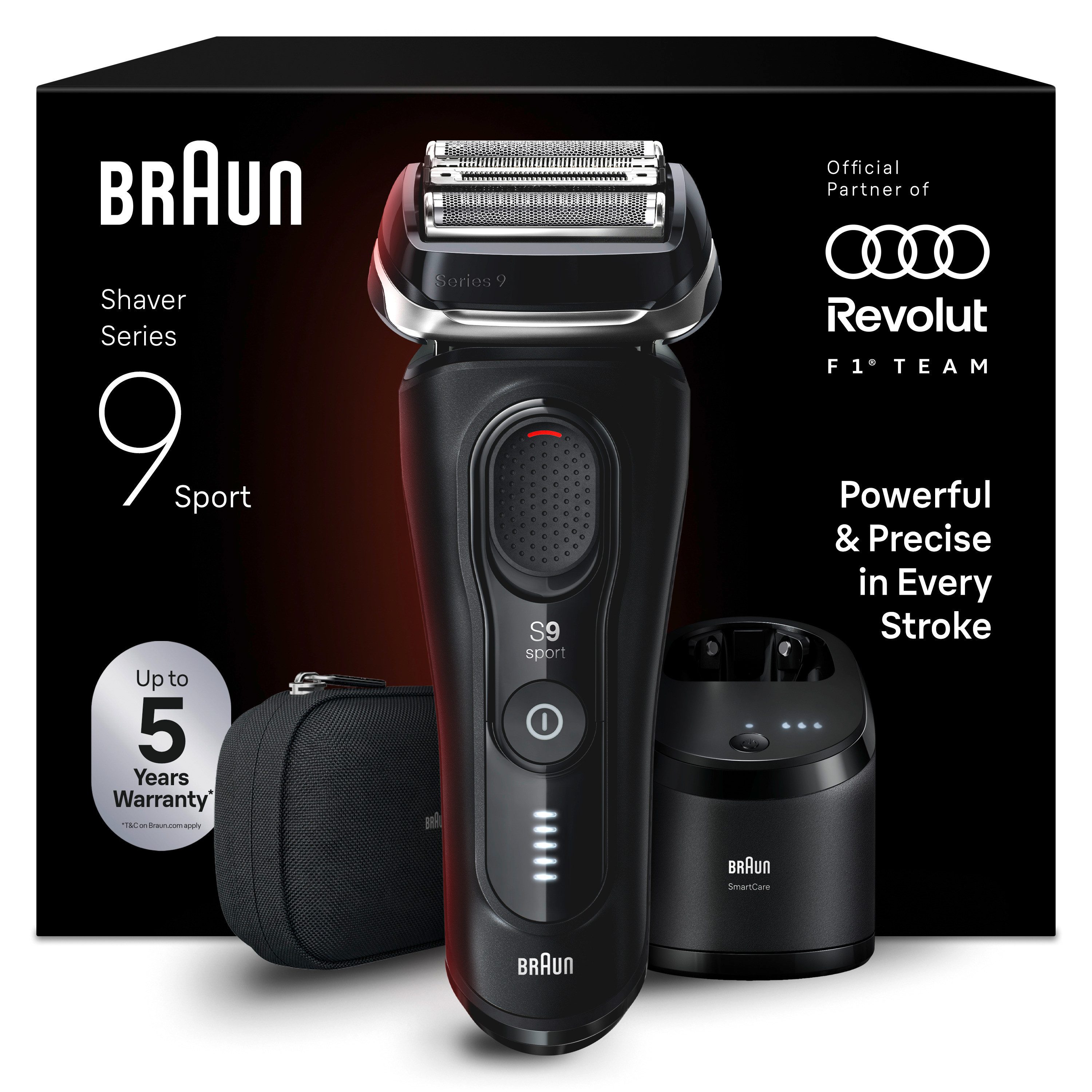 Braun Elektrorasierer Series 9 Sport 9150cc, SmartClean-Plus-Reinigungsstation, integrierter Präzisionstrimmer, 5-in-1 Pflegesystem, SensoAdapt, 60 Min., Nass & Trocken, Schwarz