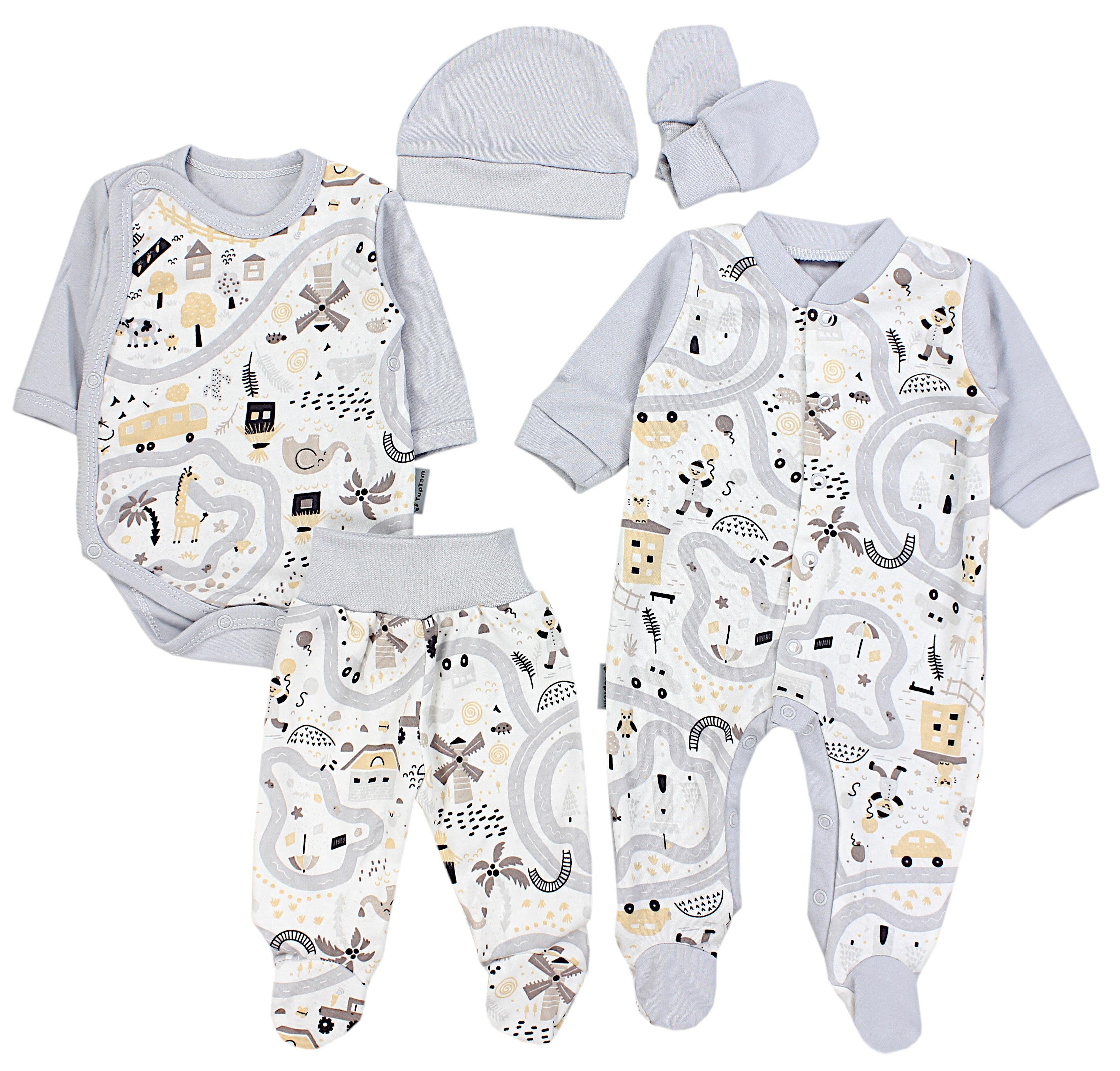 TupTam Erstausstattungspaket Baby Jungen Bekleidung Set Body Strampler Mütze Fäustlinge 5 tlg