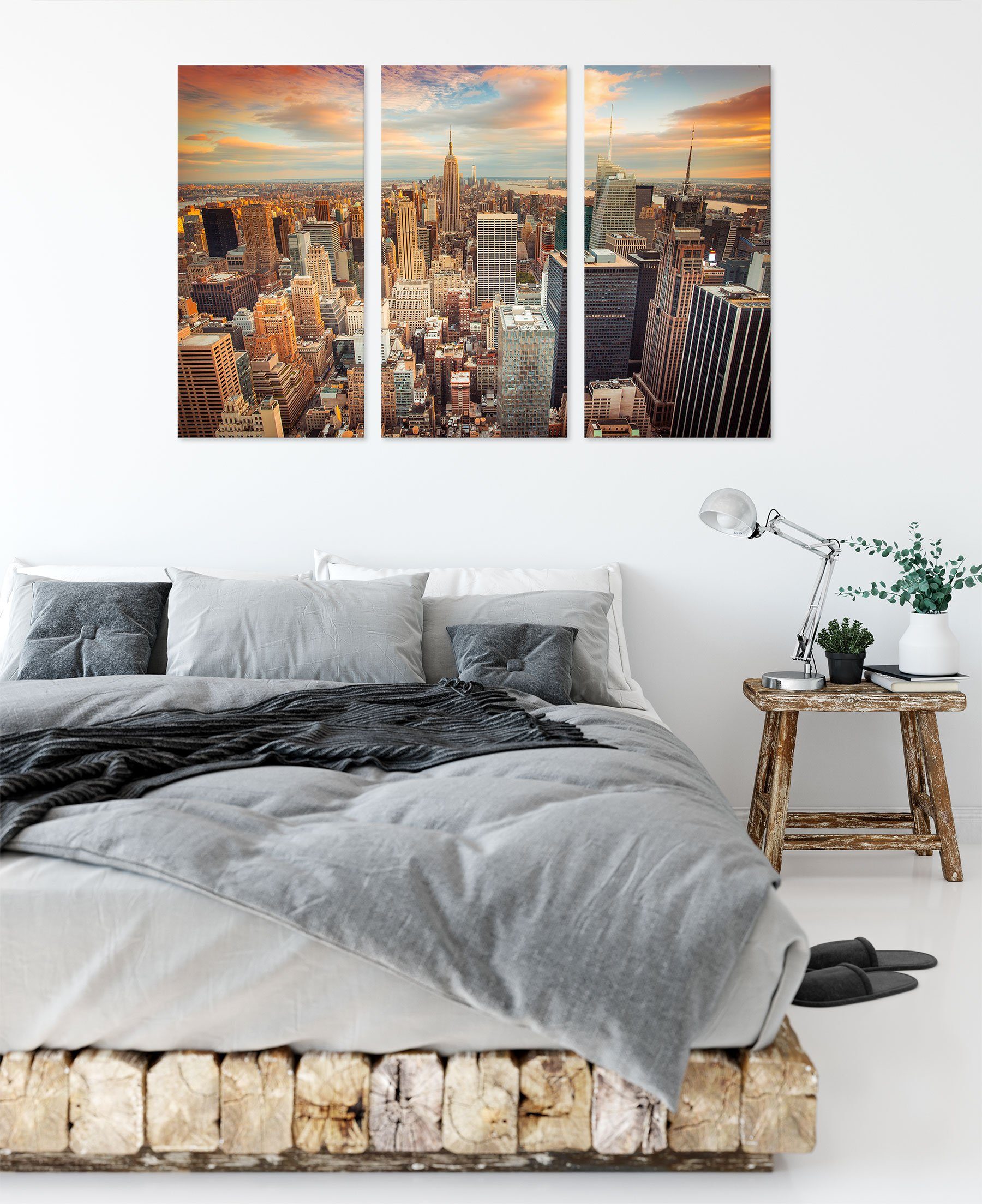 (1 inkl. St), Skyline Leinwandbild New von Skyline Pixxprint von New York 3Teiler (120x80cm) Zackenaufhänger Leinwandbild York, bespannt, fertig