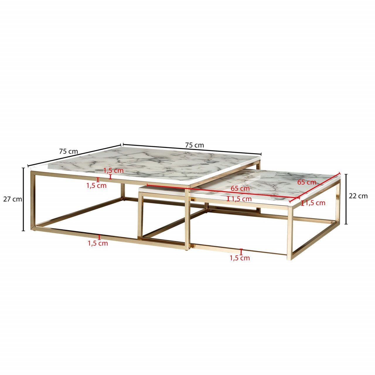 furnicato Couchtisch Design 2er Set Eckig Optik Marmor Weiß