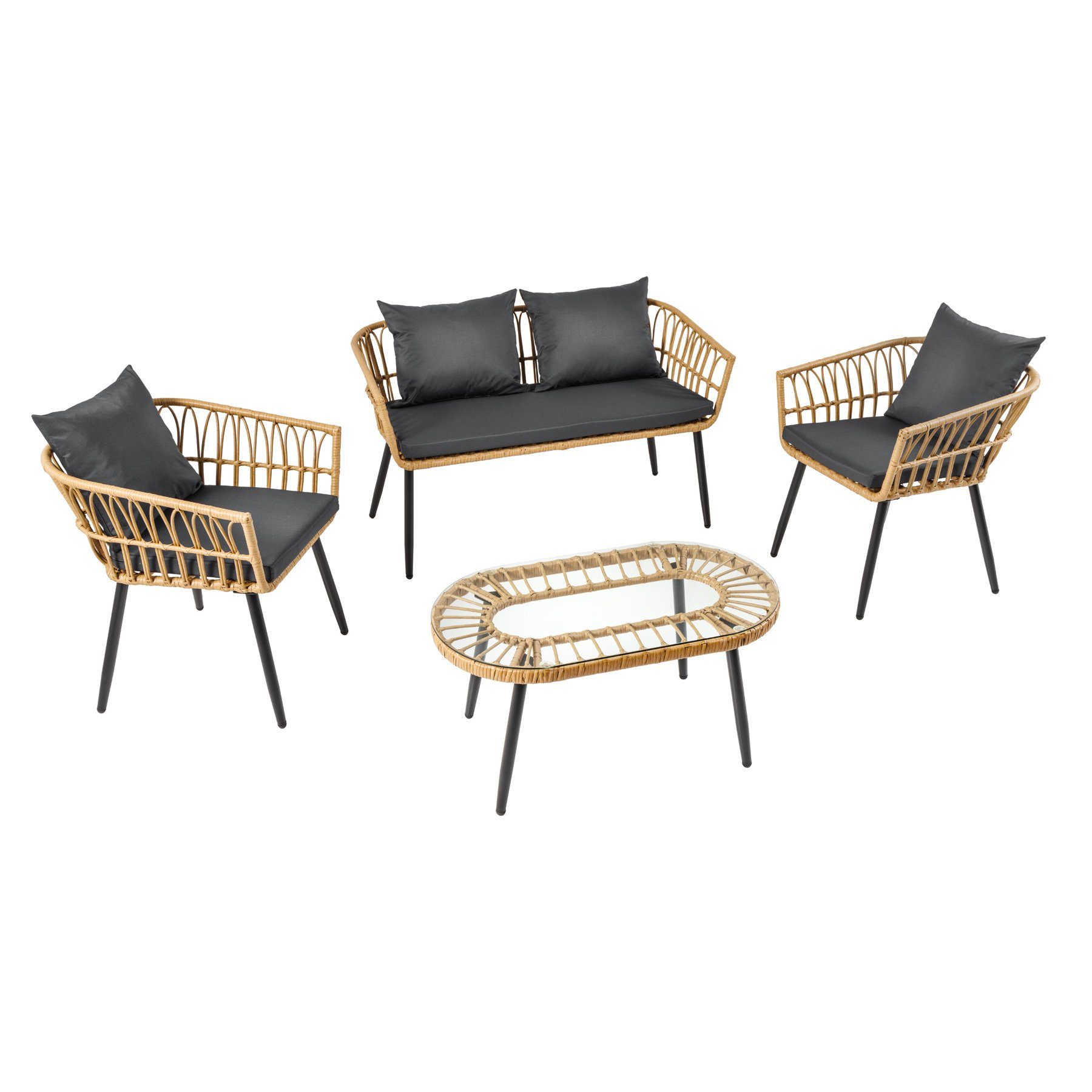 riess-ambiente Sitzgruppe PARIS natur / schwarz · inkl. Wechselbezügen (grau / creme), (Set, 4-tlg), Gartenmöbel · Rattan · Lounge · Terrasse · Balkon · Tisch · Outdoor