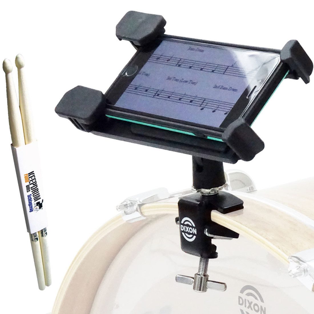 Dixon Schlagzeug Dixon Tablet-Halter für Bass Drum mit Schlagzeugstöcken,Tablet-Halter, Vorteils-Set
