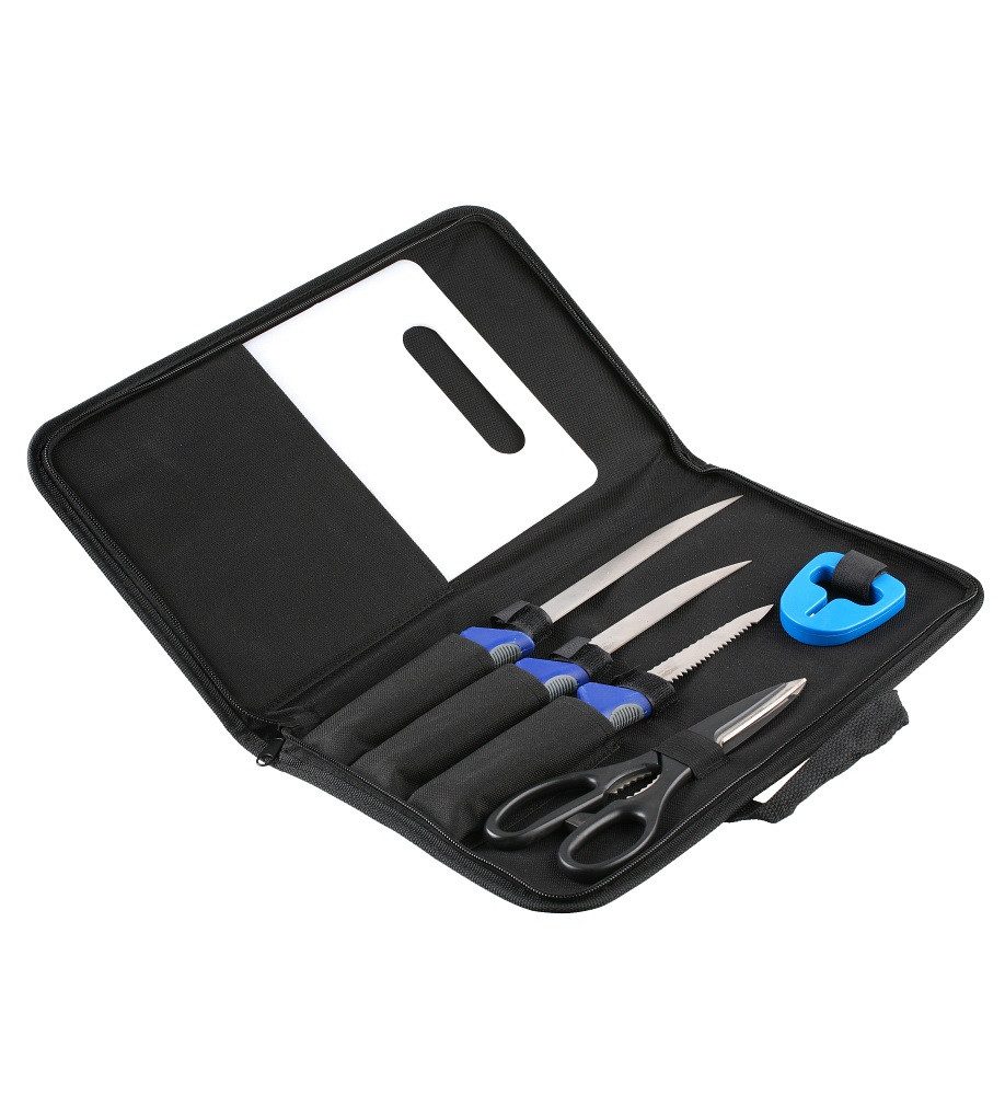 MIKADO Total Fishing Filetiermesser SET mit 3 Messern, Schere, Messerschärfer, Brett und Tasche, Hochwertiges Edelstahl Filetiermesser