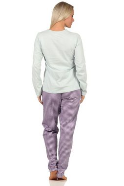 RELAX by Normann Pyjama Damen langarm Schlafanzug mit Schriftzug und karierter Hose - 66536