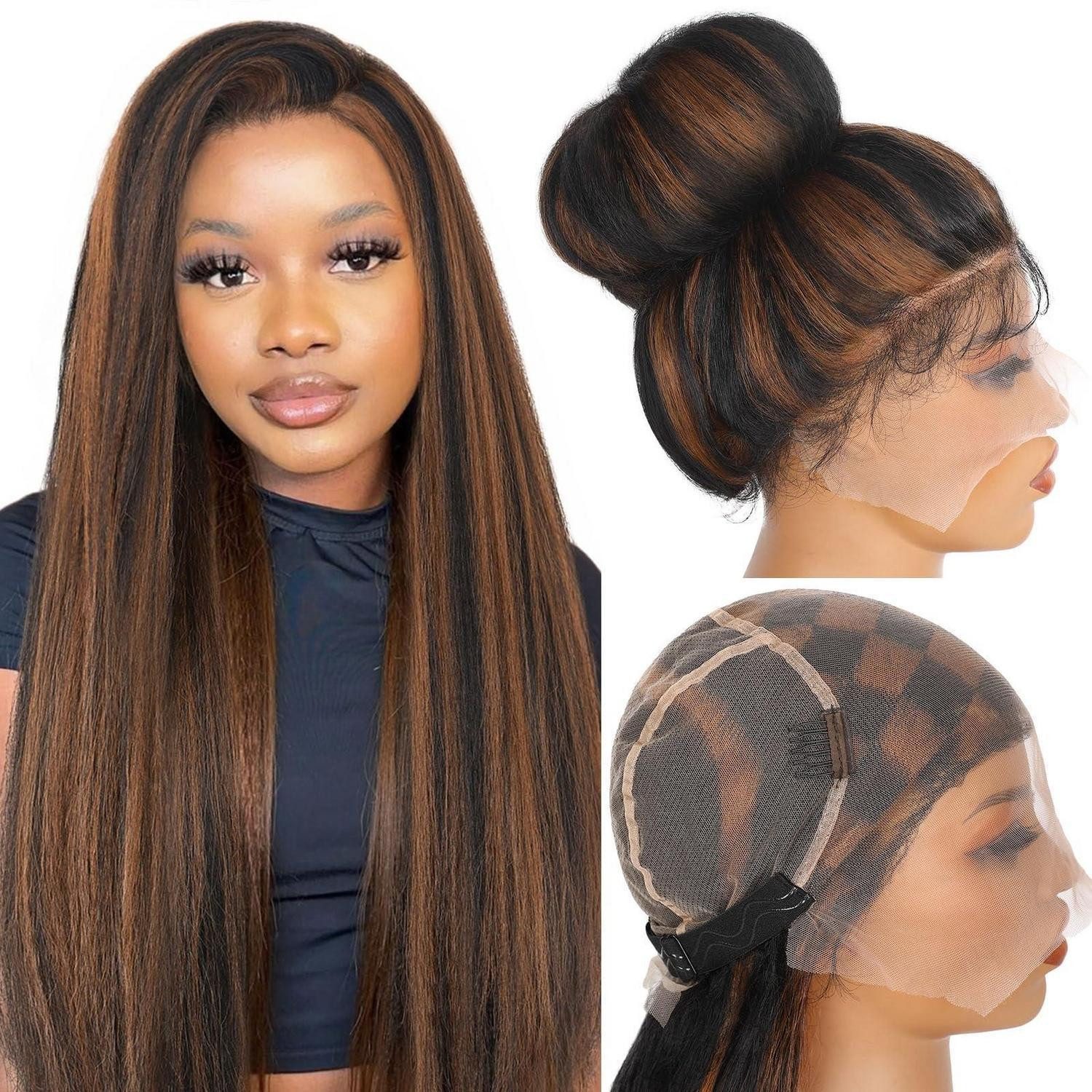 LuxusKollektion Kunsthaarperücke Perücke Vollspitzen Yaki vorgezupft Babyhaar 180Dichte brown highlight