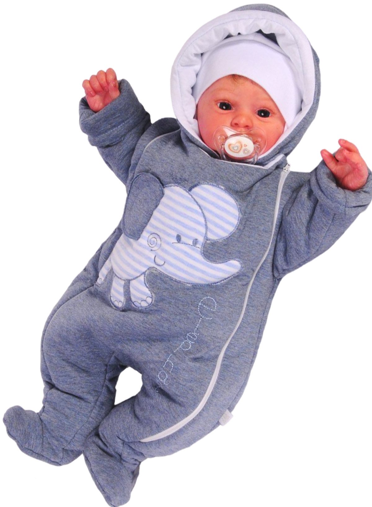 Overall Baby Overall mit Elefant Jeansblau Wagenanzug mit Kapuze