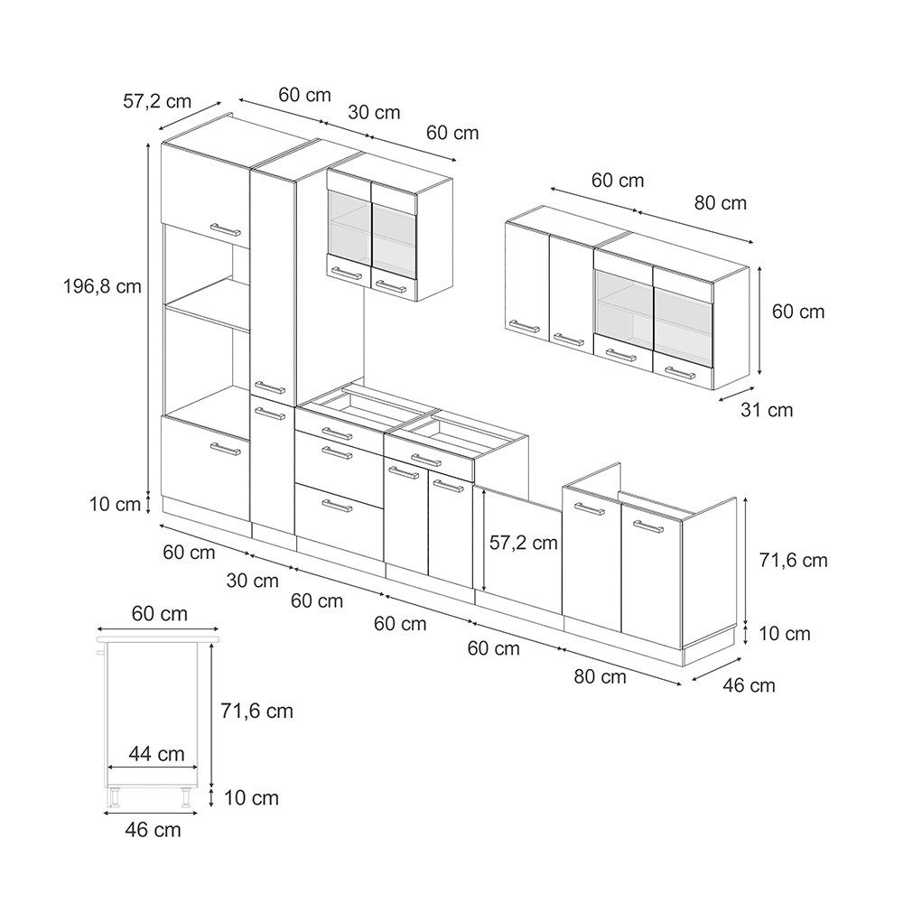 Vicco Küchenzeile R-Line, Schwarz Beton/Anthrazit, 350 cm, AP Marmor
