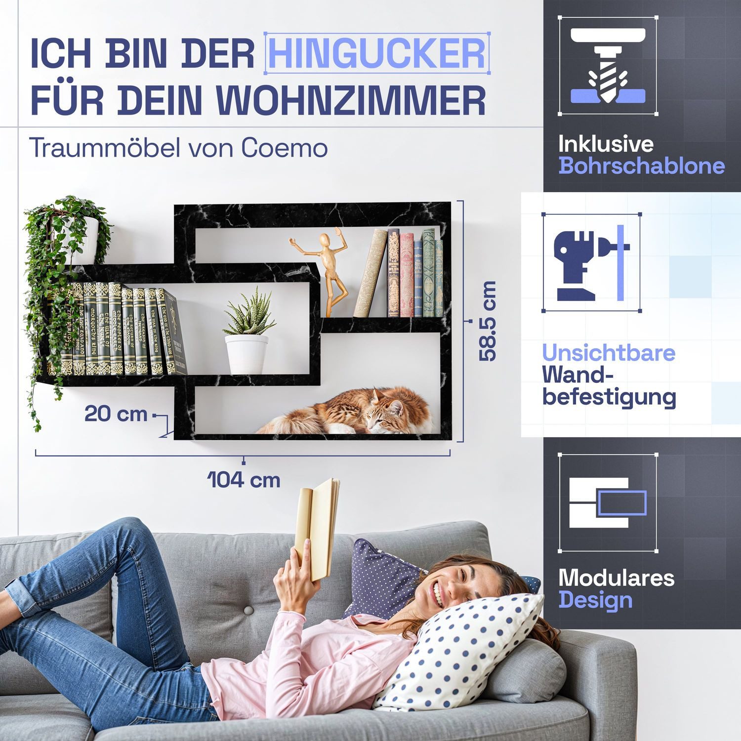 TRAUMMÖBEL Wandregal KARO, Modernes Schweberegal großes Hängeregal Wandregal Marmor 104x20x59 cm