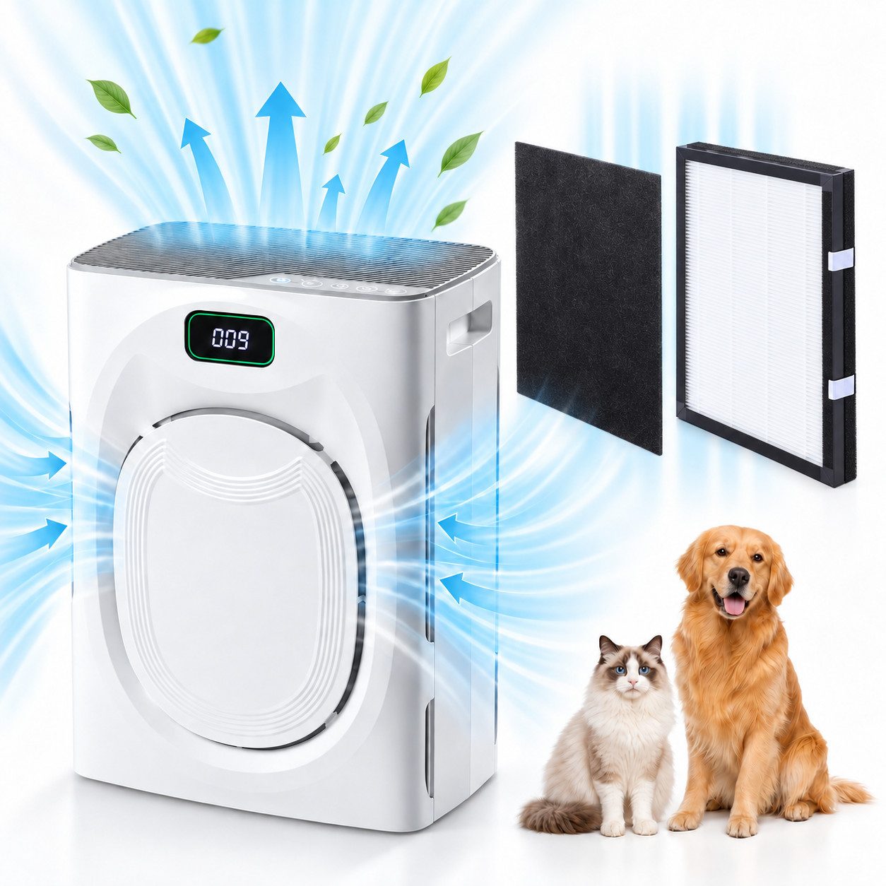 Rosnek Luftreiniger Luftreiniger mit H13 HEPA für Allergiker & Tierhaare, CADR 295 m³/h, 25 dB Schlafmodus, PM2.5-Anzeige, 2 Ersatzfilter für Zuhause & Büro