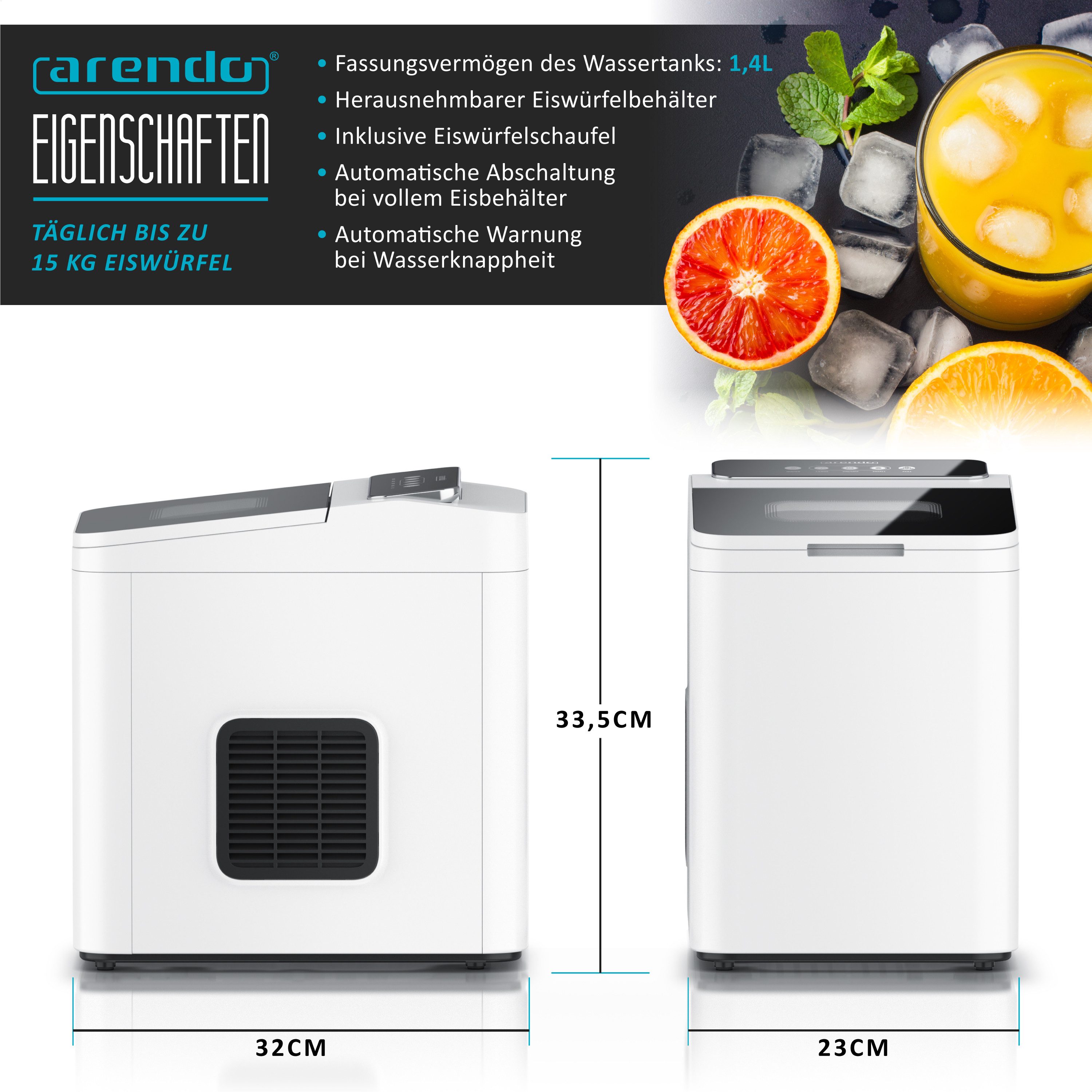 Arendo Eiswürfelmaschine Eiswürfelbehälter 1,4L, 9 Eiswürfel in 9 Minuten, Eiswürfelschaufel, Edelstahl, 2 Größen, Sichtfenster, Eiswürfelschaufel, BPA-frei, 105 W
