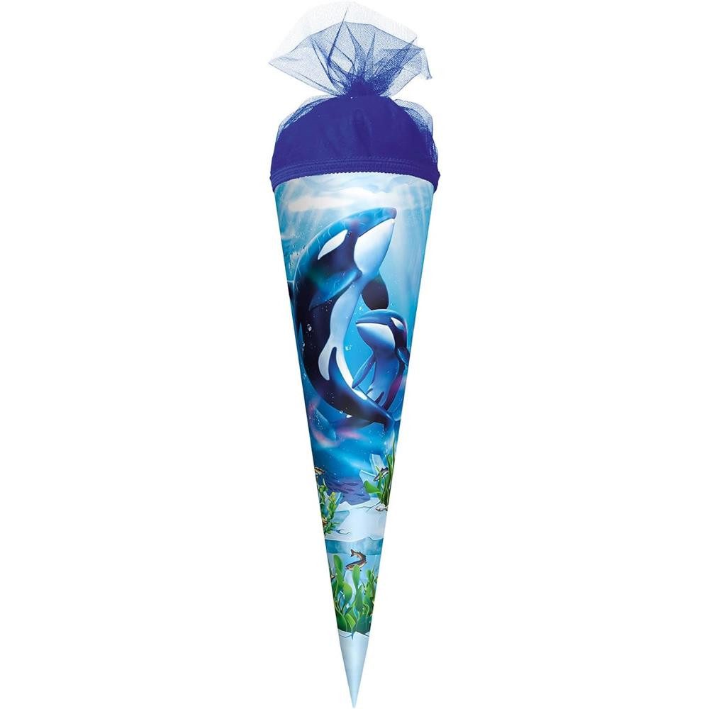 Roth Schultüte Orcas, 35cm, Tüllverschluss, kleine runde Schultüte zur Einschulung, Orcamotiv, Geschenkformat, blauer Tüll, Unterwasserdesign, Schulstart