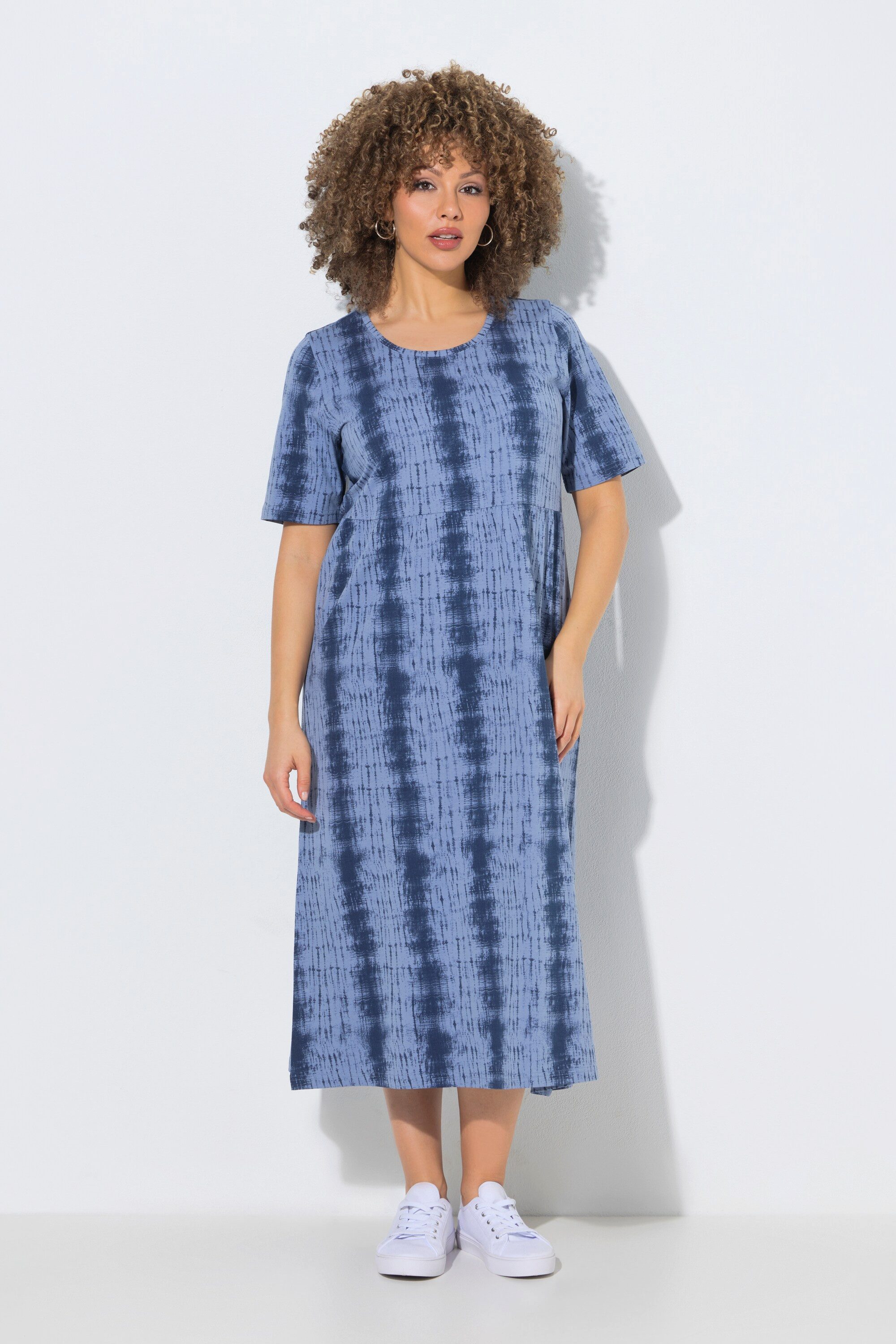 Ulla Popken Jerseykleid Midikleid Batikstreifen A-Linie Rundhals Halbarm
