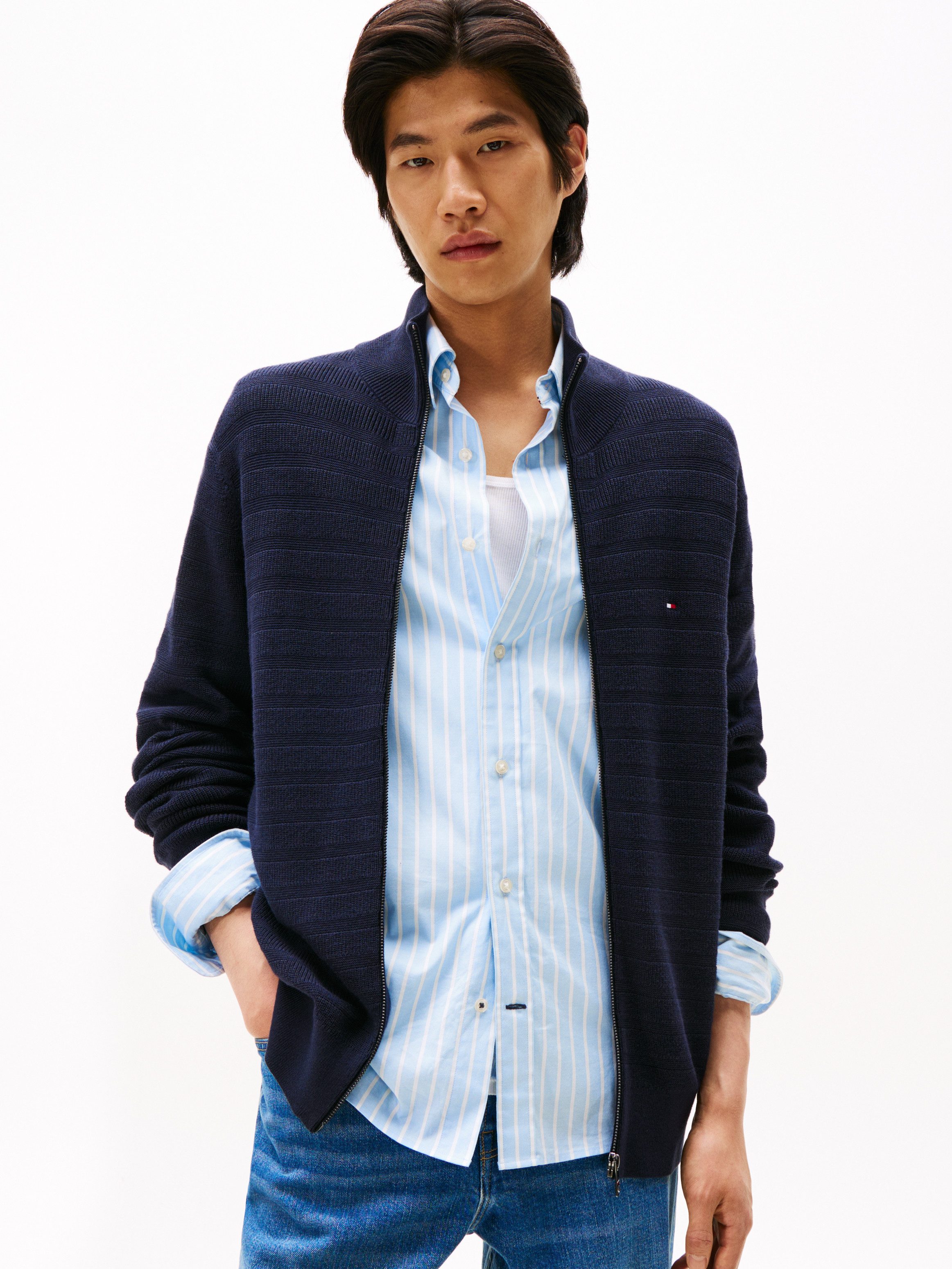 Tommy Hilfiger Strickjacke STRIPE STRUCTURE modisches Strickmuster, Stehkragen