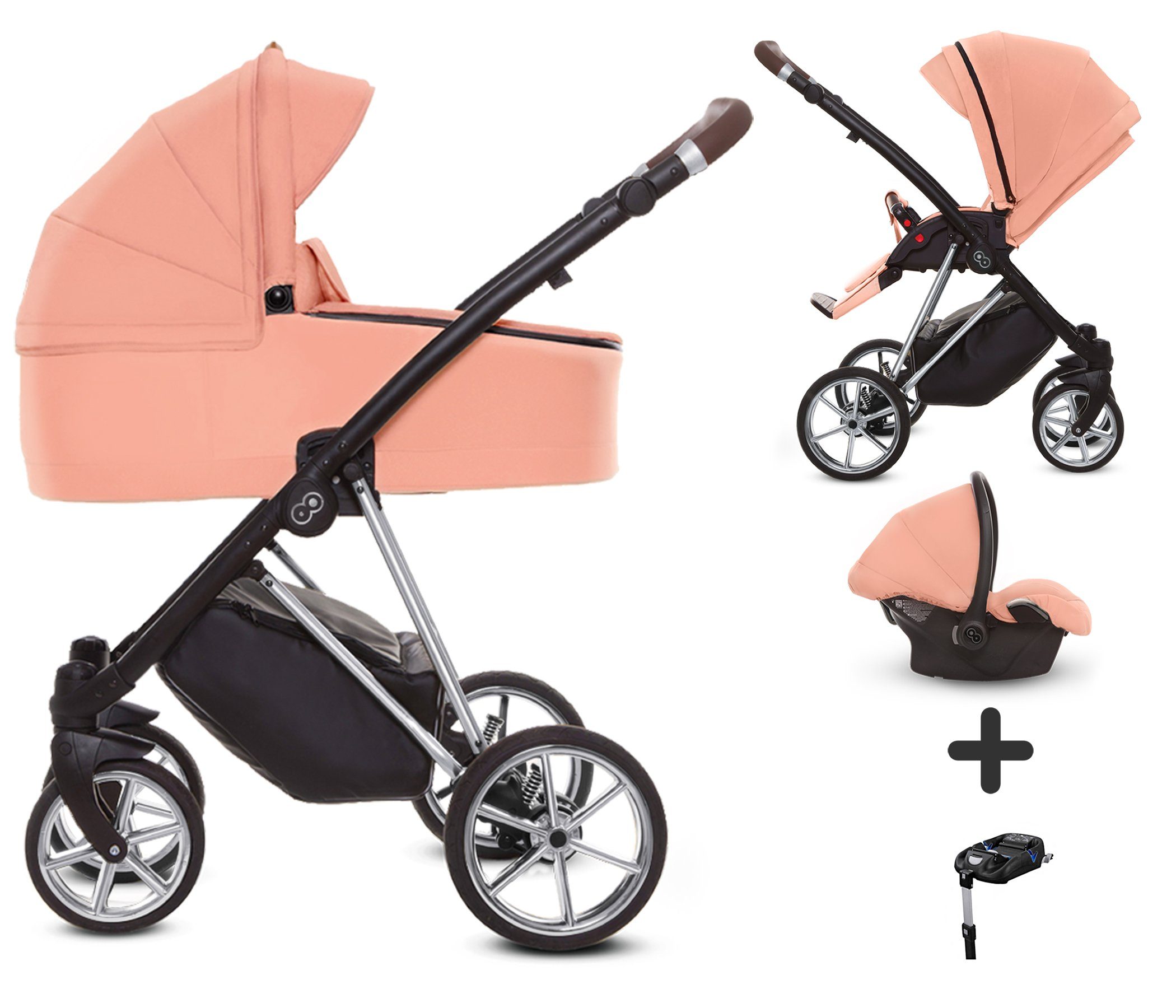 TPFLiving Kombi-Kinderwagen 4 in 1 Musse Ultra, Baby Buggy Babywanne Autositz Isofix, großes Zubehör-Set Kinderwagen 4 in 1 Stoff Apricot, Gestell Chrom Apricot | Gestell Chrom