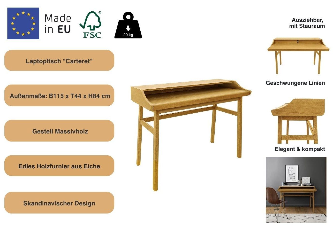Woodman Schreibtisch Carteret, edles Holzfurnier aus Eiche, Gestell Massivholz, Breite 115 cm