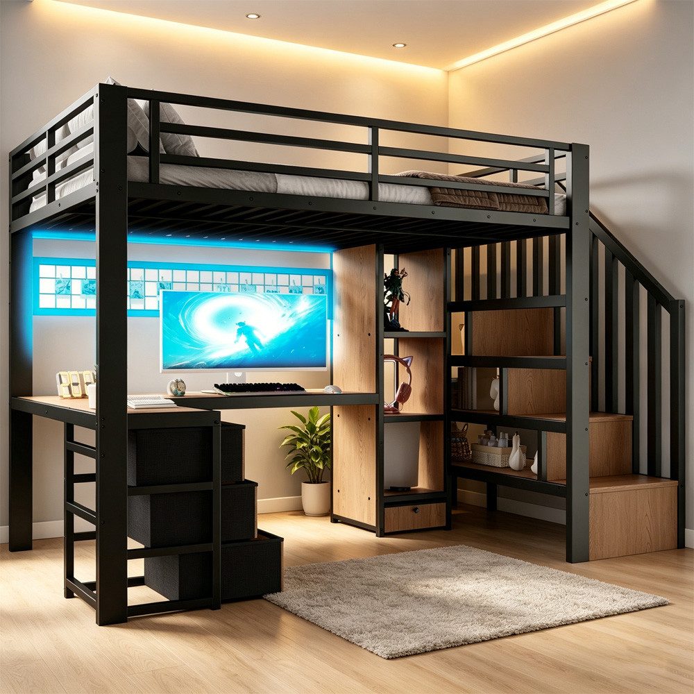 REDOM Hochbett Jugendbett mit Eisenrahmen, Ablagefach, 4 Schubladen (LED-Lichtleiste, Schreibtisch und Stauraumtreppe, Funktionsbett Metallbett, 90 x 200 cm) ohne Matratze