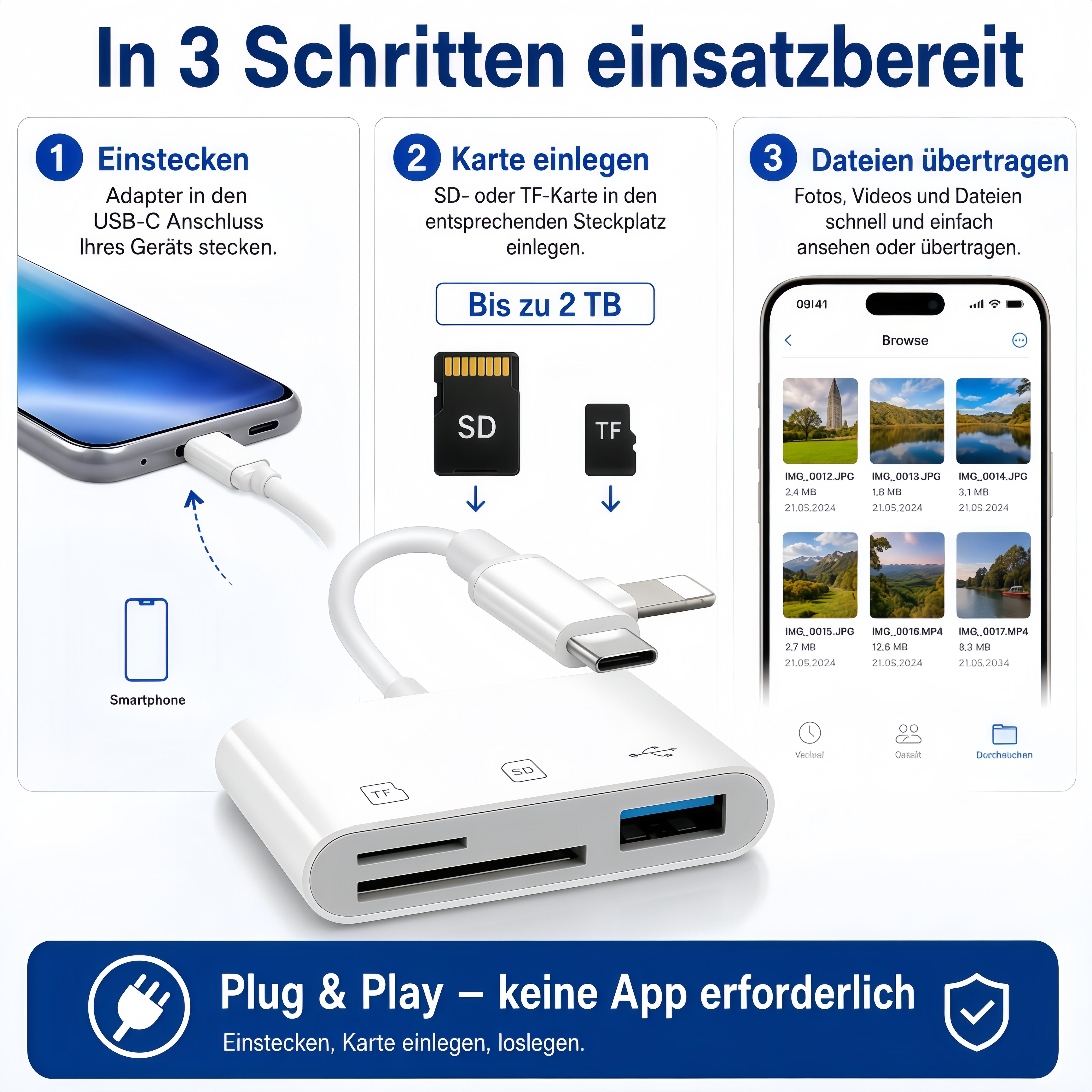 ibettertec 3-in-1 Kartenleser USB-C & Lightning Adapter, SD Kartenleser microSD USB-Adapter TF Speicherkartenleser, Plug & Play Kartenadapter für iPhone, iPad zu Smartphone, Tablet und Laptop