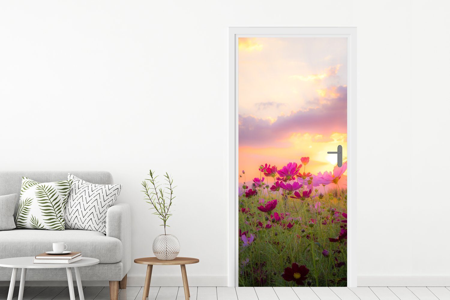 cm Türtapete 75x205 - Sonnenuntergang St), - Fototapete Rosa - Blumen Türaufkleber, für Matt, bedruckt, MuchoWow - Grün, (1 Natur Tür,